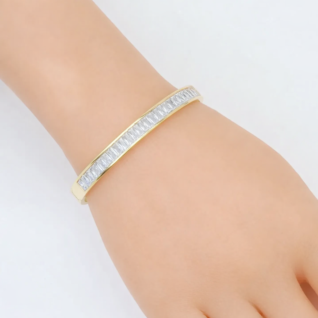 Colorful Baguette CZ Pave Bangle Bracelet, Gold-Filled