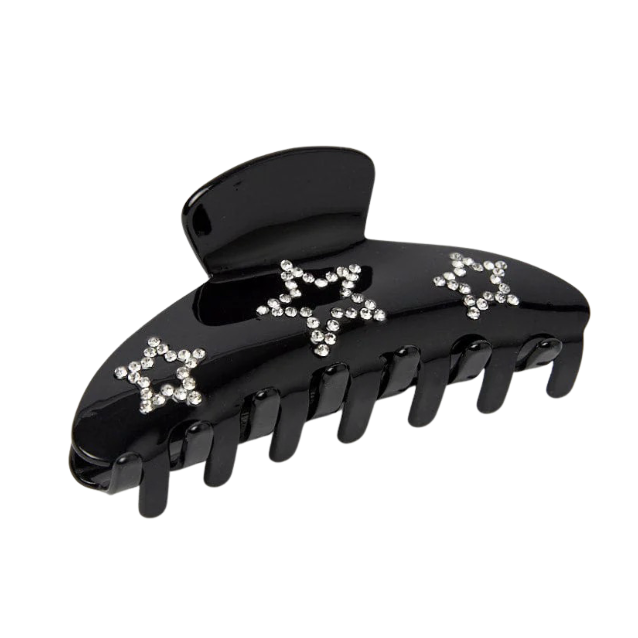Black hair clip with star-shaped embellishments on a white background