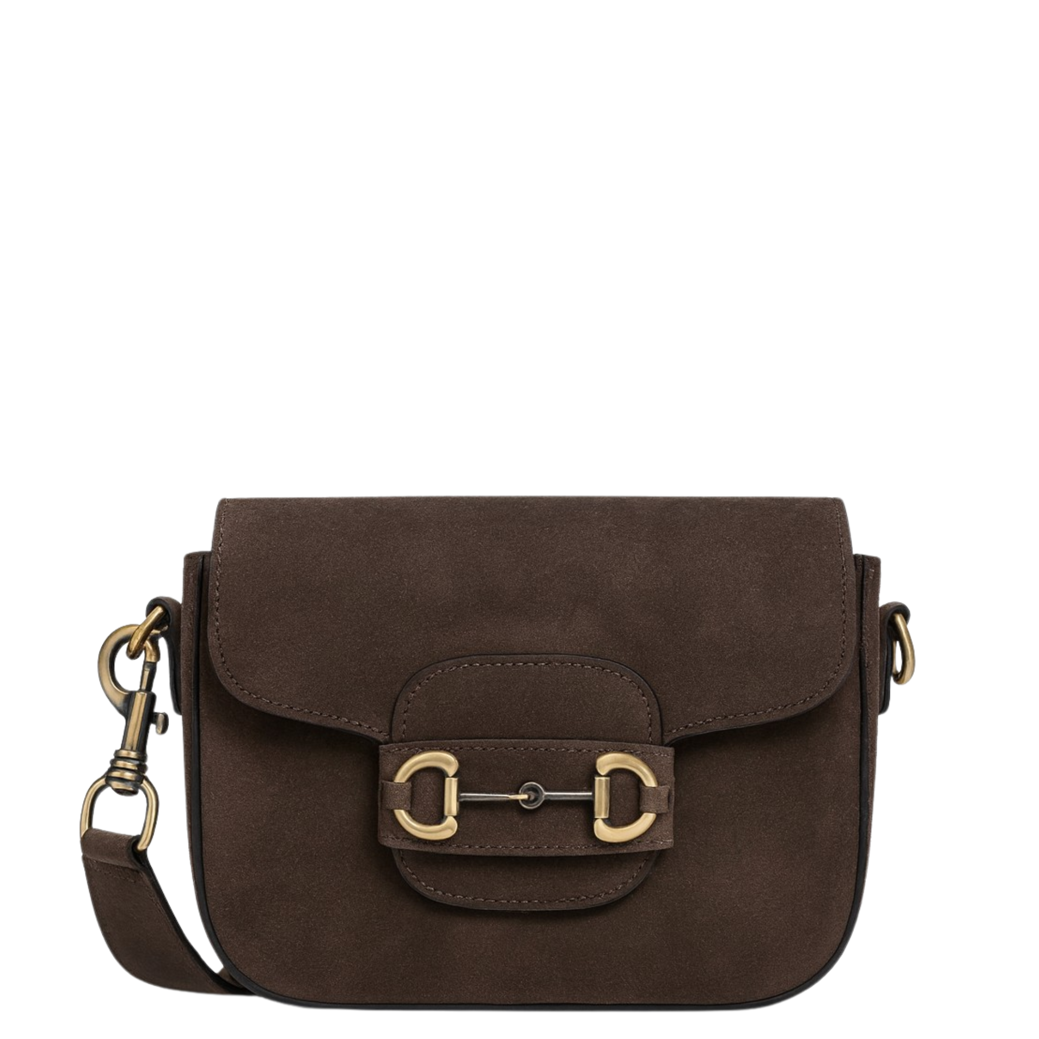 Brown leather handbag with gold buckle on a white background