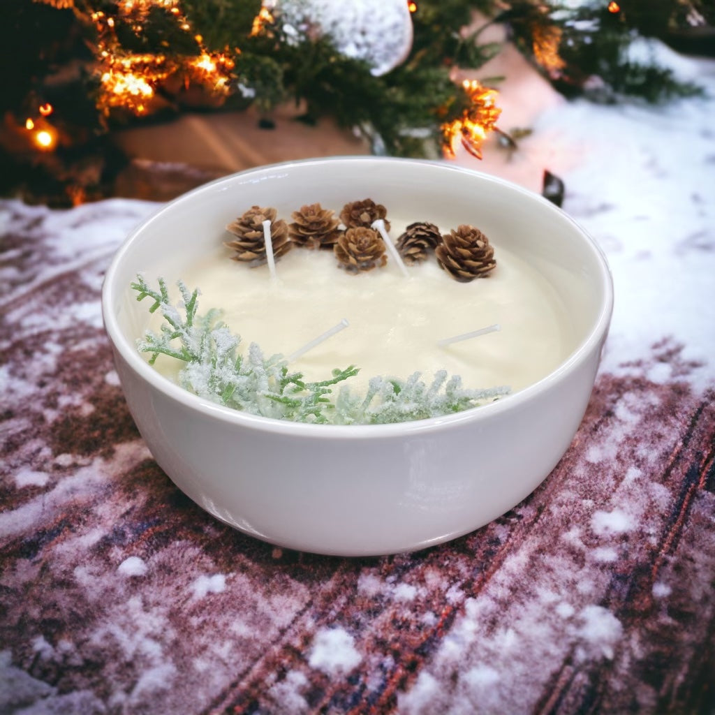 Cinnamon Vanilla Candle Bowl with Pinecones & Frosted Branch