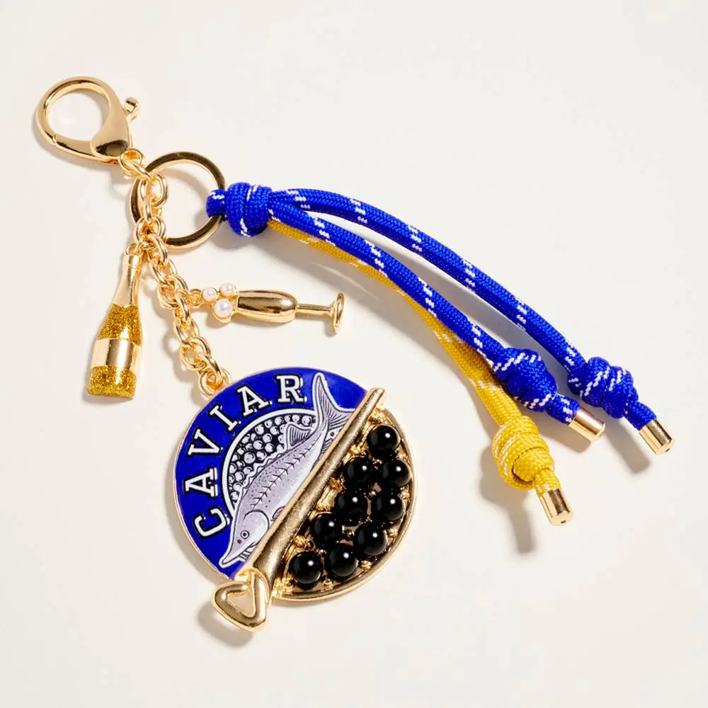 Caviar sardine champagne glass charm on knotted rope drop bag charm keychain, stylish accessory for bags and keys