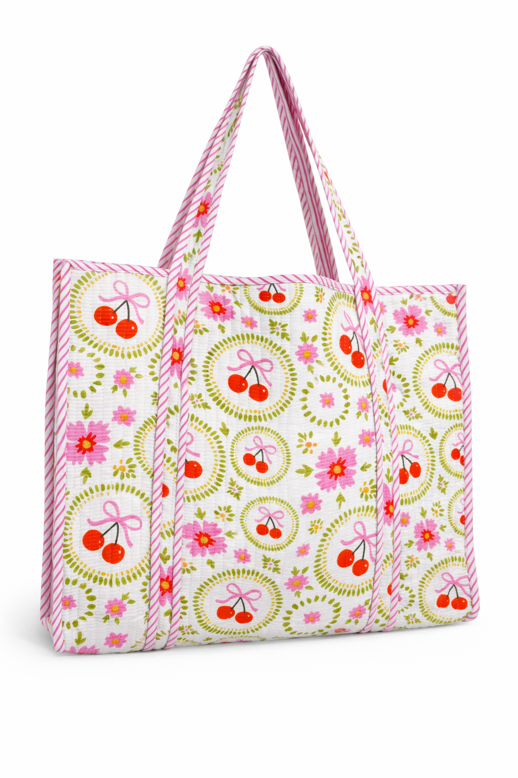 Large Tote Bags | Quilted Travel Tote | White Cherry & Bows