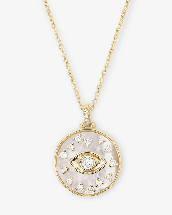Evil Eye Medallion Necklace Gold|White Diamondettes