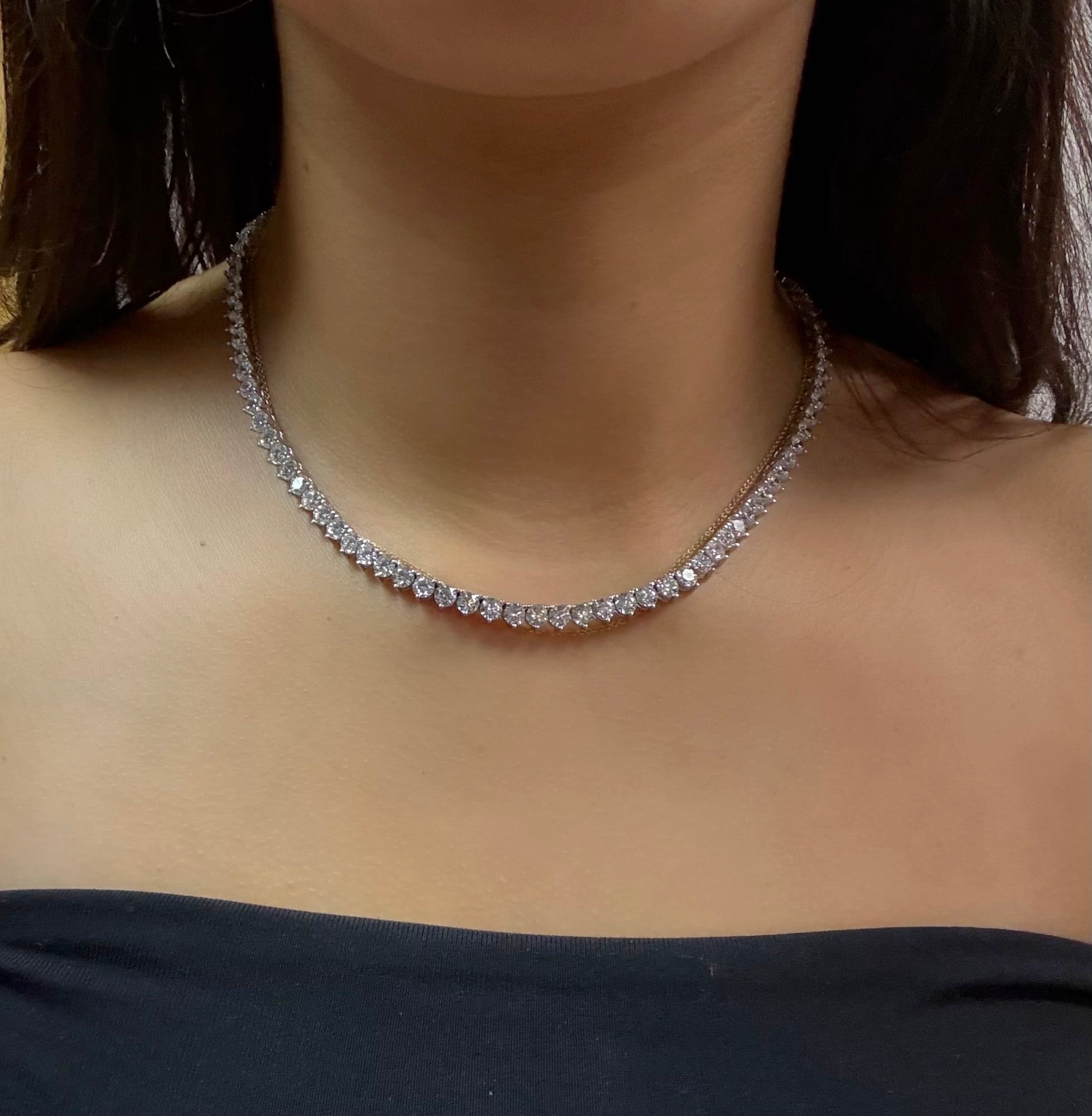 Sterling Silver Tennis Necklace 3 Prong Setting Round Stone 16"