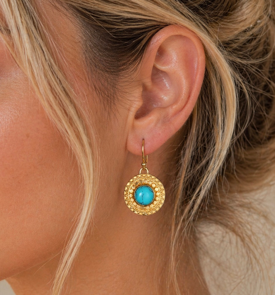 Turquoise and gold ornate earring by Satya Jewelry featuring intricate detailing and elegant design.