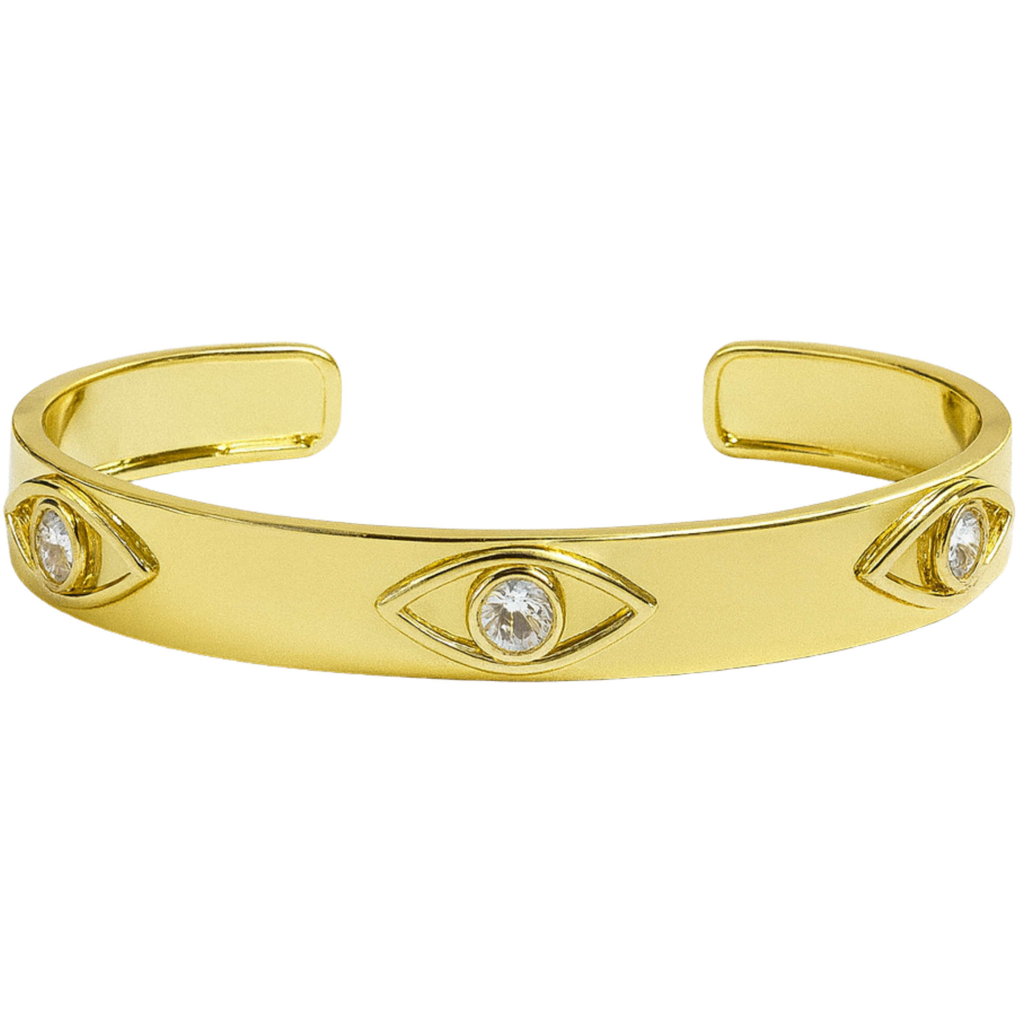 Gold bangle bracelet with evil eye designs and clear stones by The Skylar Project on a white background.