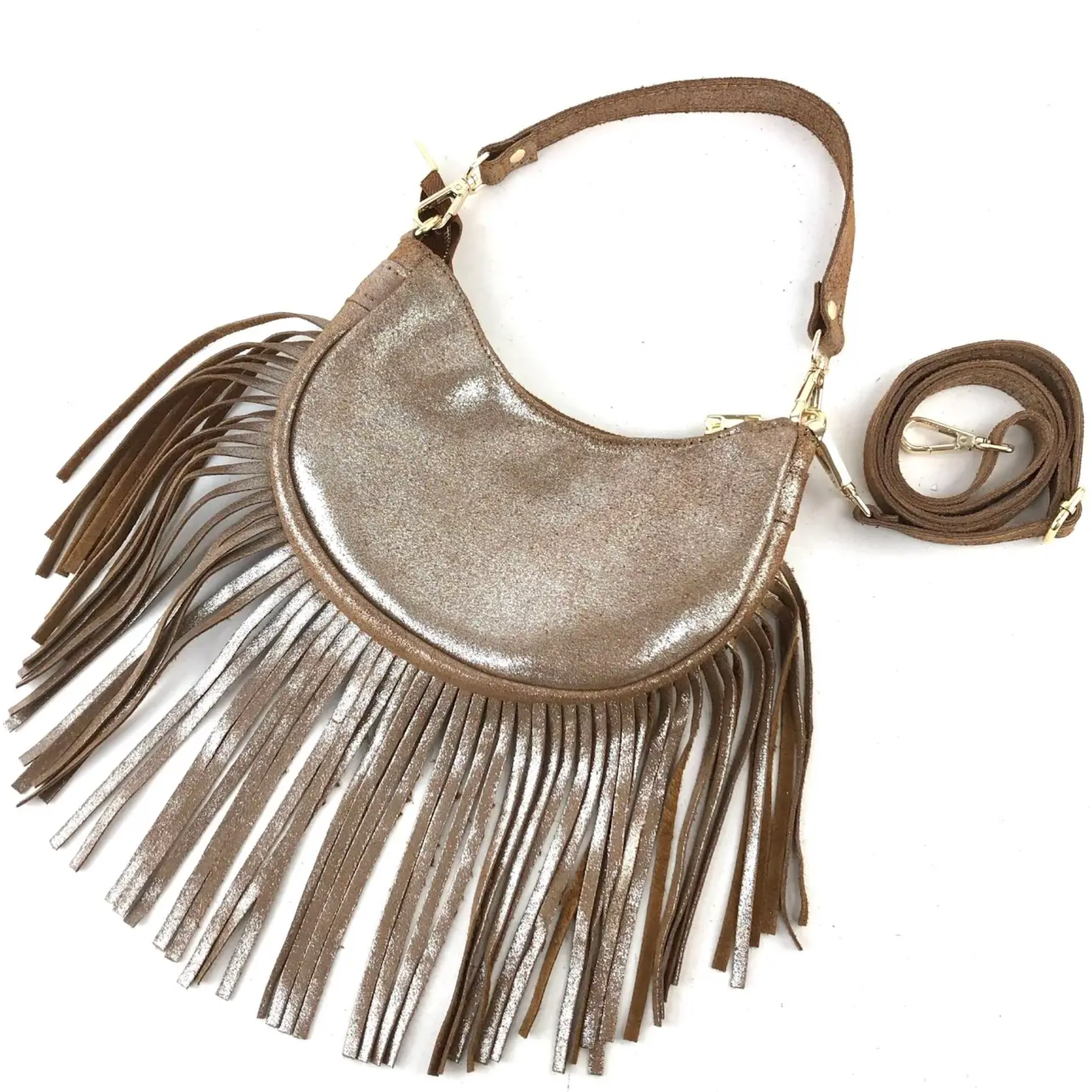 Gold fringe handbag with a strap on a white background