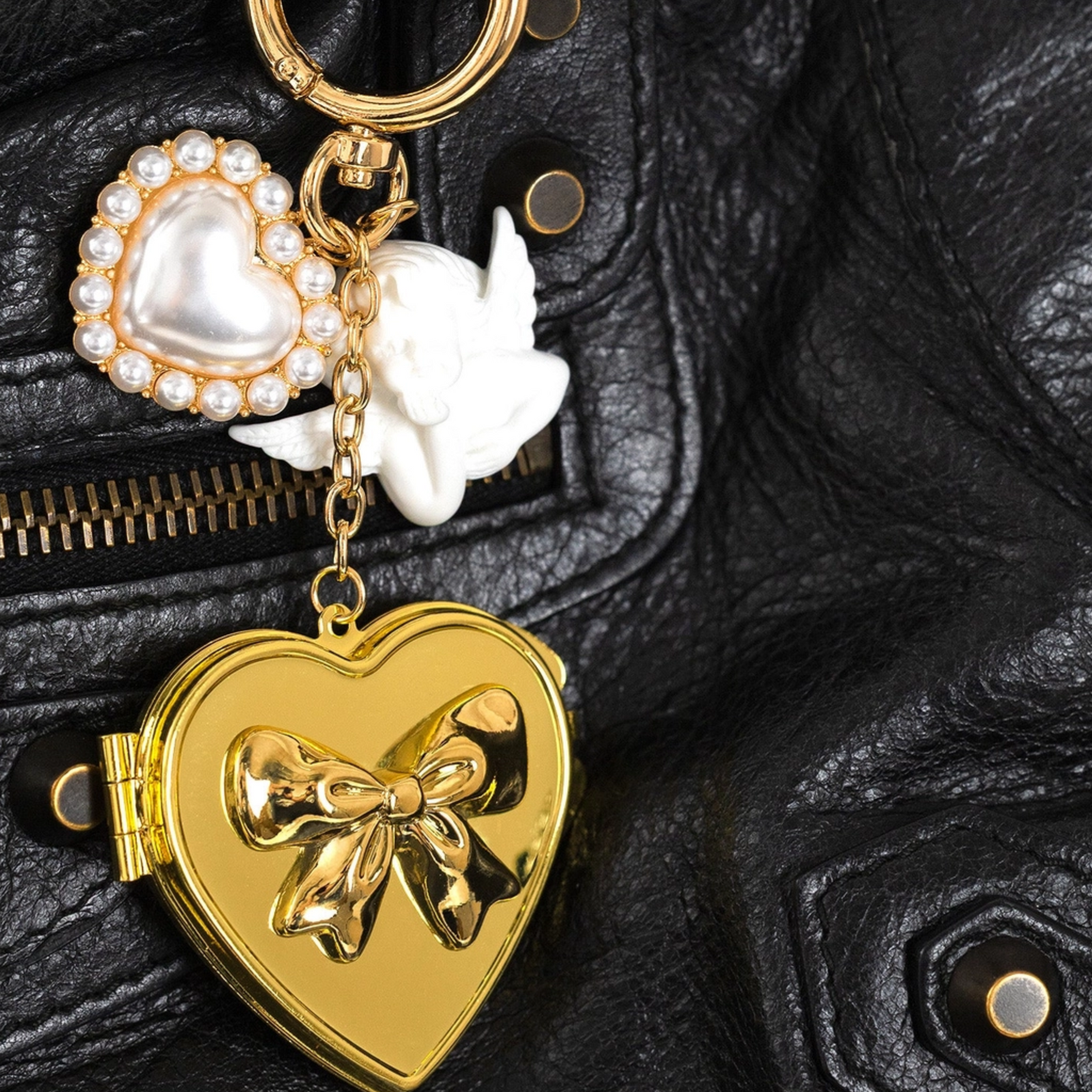 Angel Kiss Mirror Locket with Pearl Heart Bag Charm