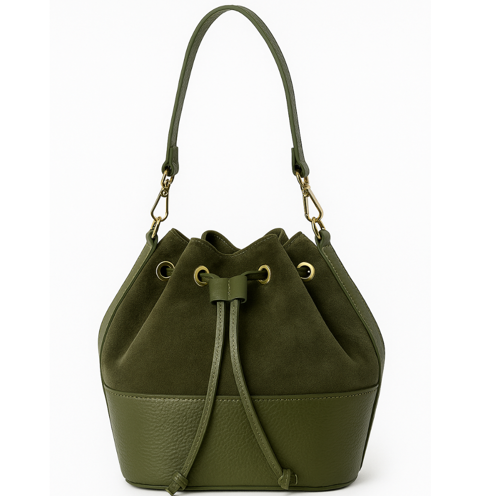 Green bucket bag with drawstring on a white background