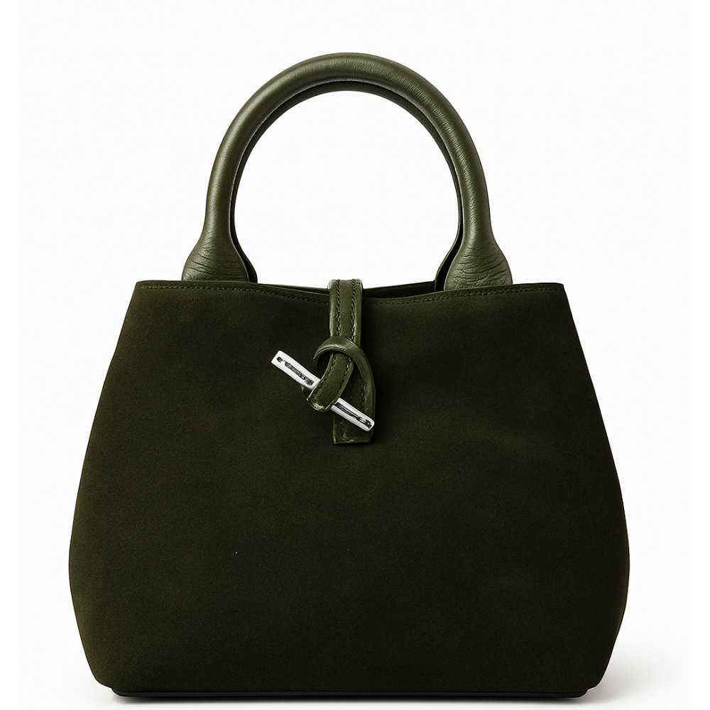 Green handbag with a matching handle on a white background