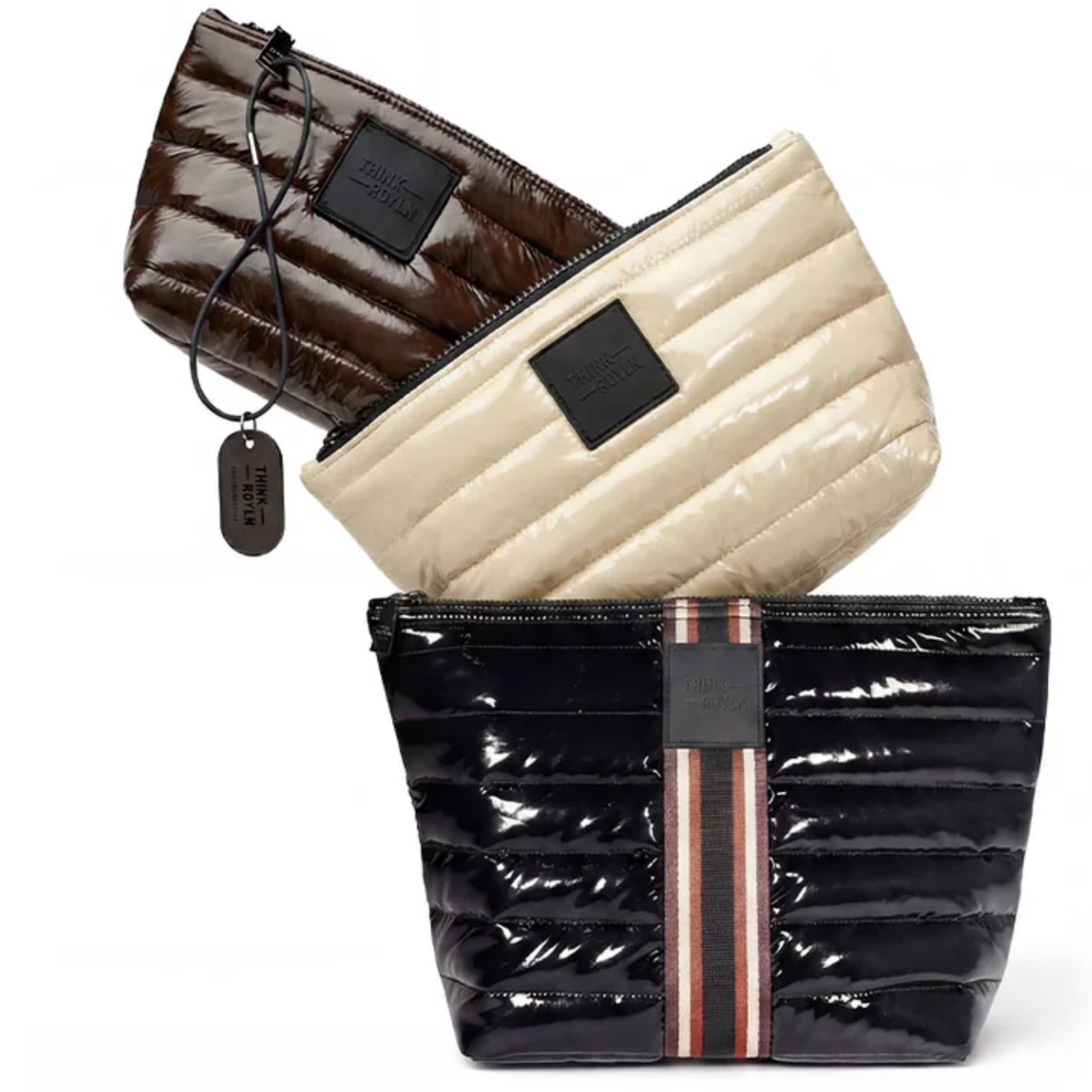 Travel Trio Organizational Pouches Black Patent with Multi Stripe Web Blonde Patent and Glossy Chocolate