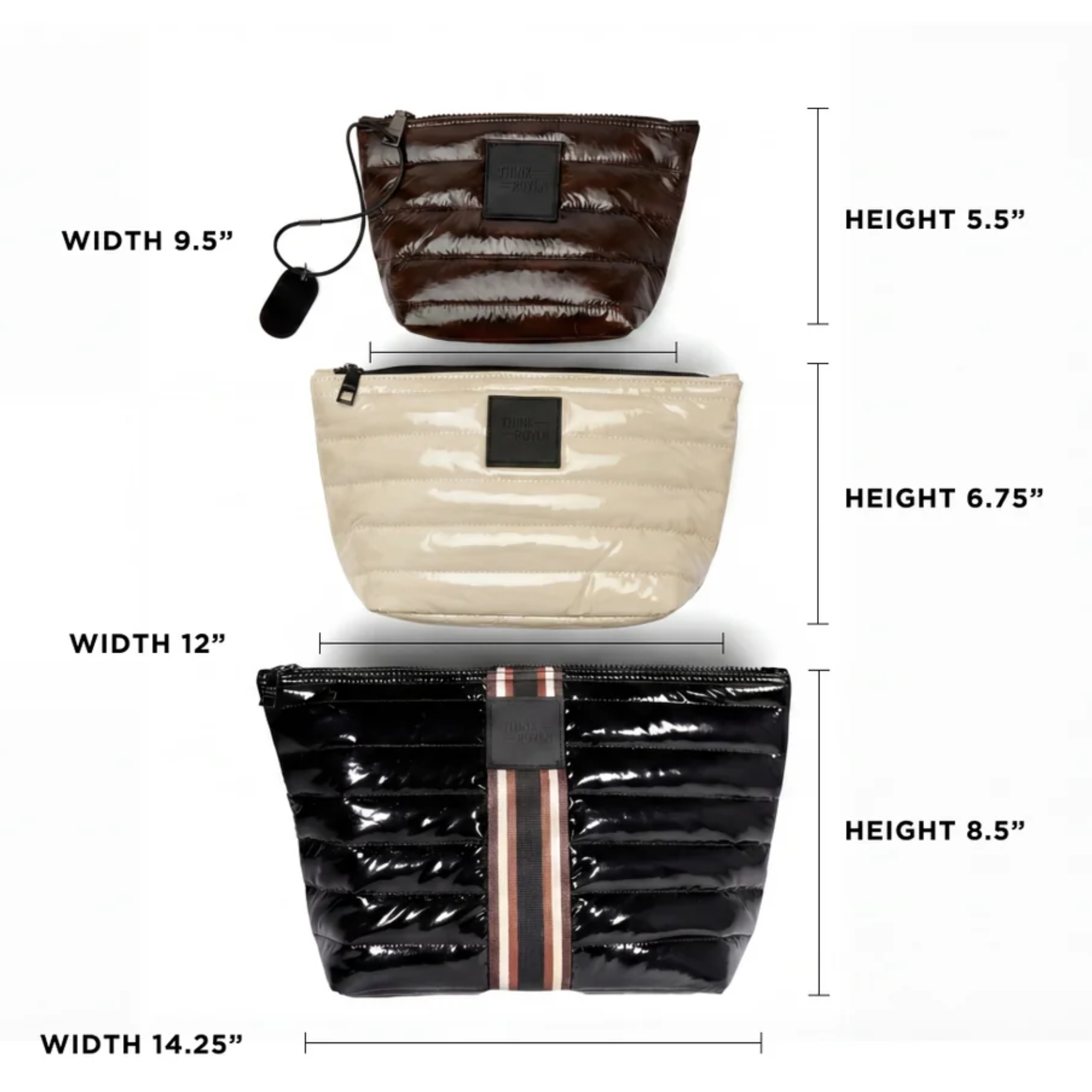 Travel Trio Organizational Pouches Black Patent with Multi Stripe Web Blonde Patent and Glossy Chocolate