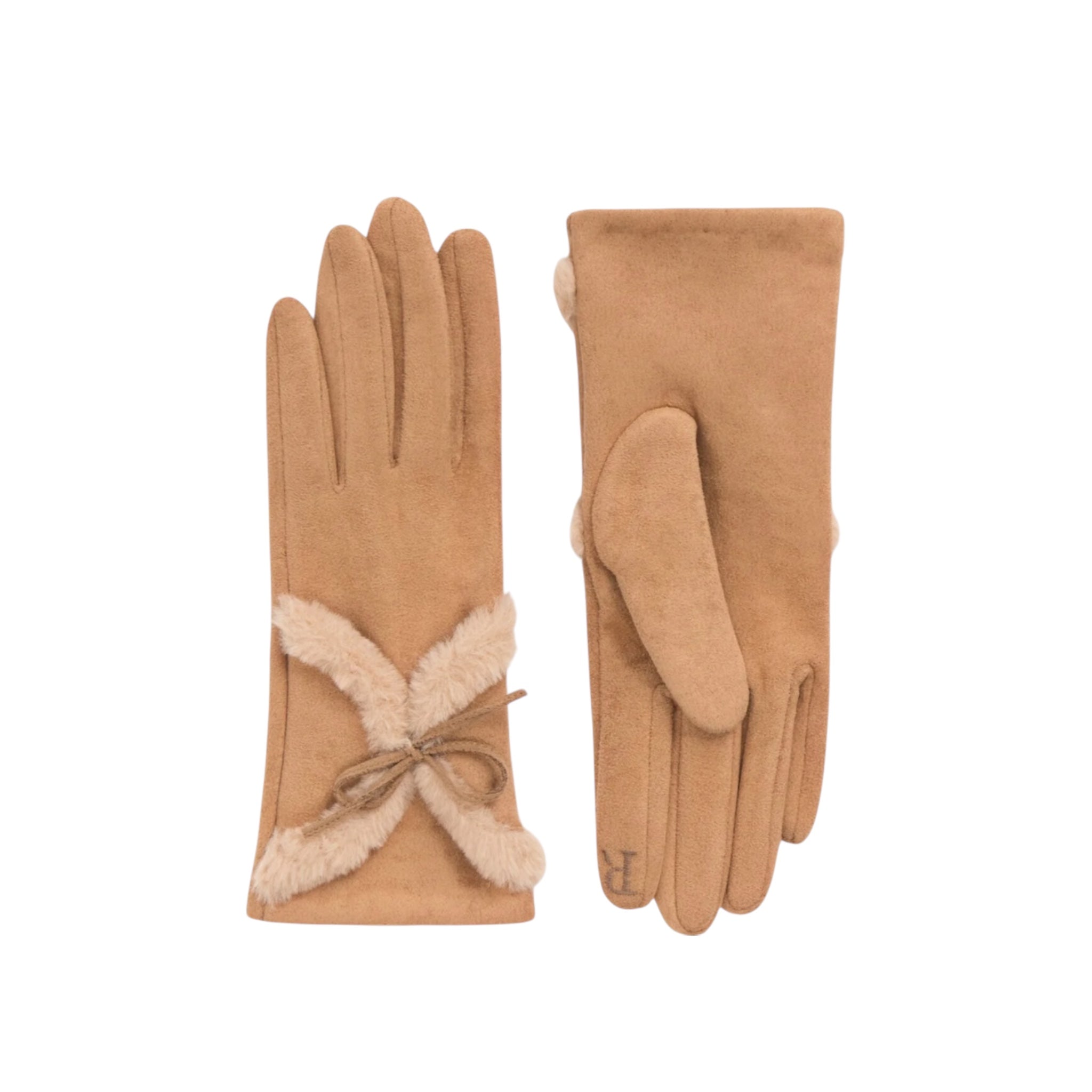 Camel Faux Suede Gloves with Faux Sheepskin Bow Decoration