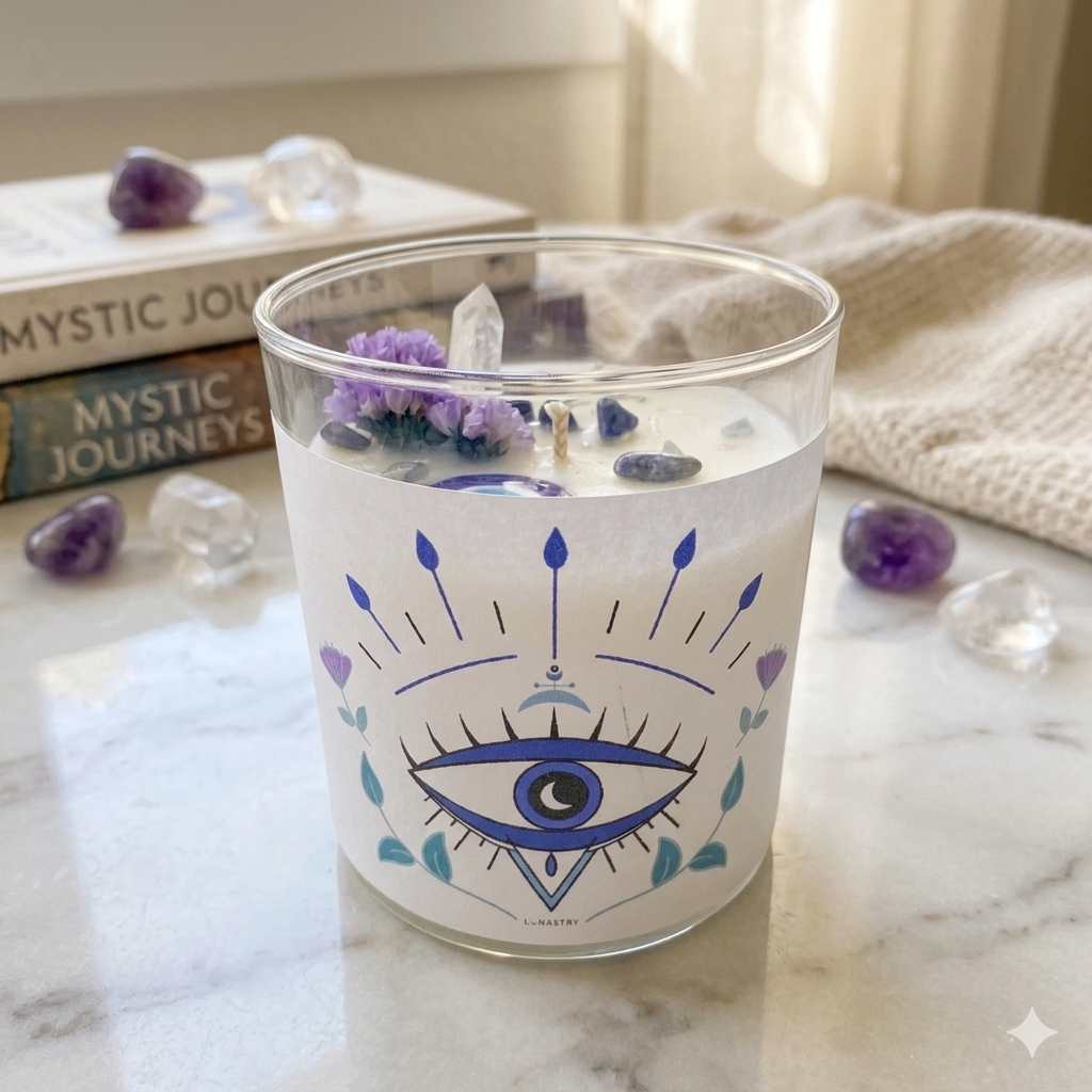 Private label evil eye soy wax candle with intricate blue and white design, showcasing a calming and decorative candle.