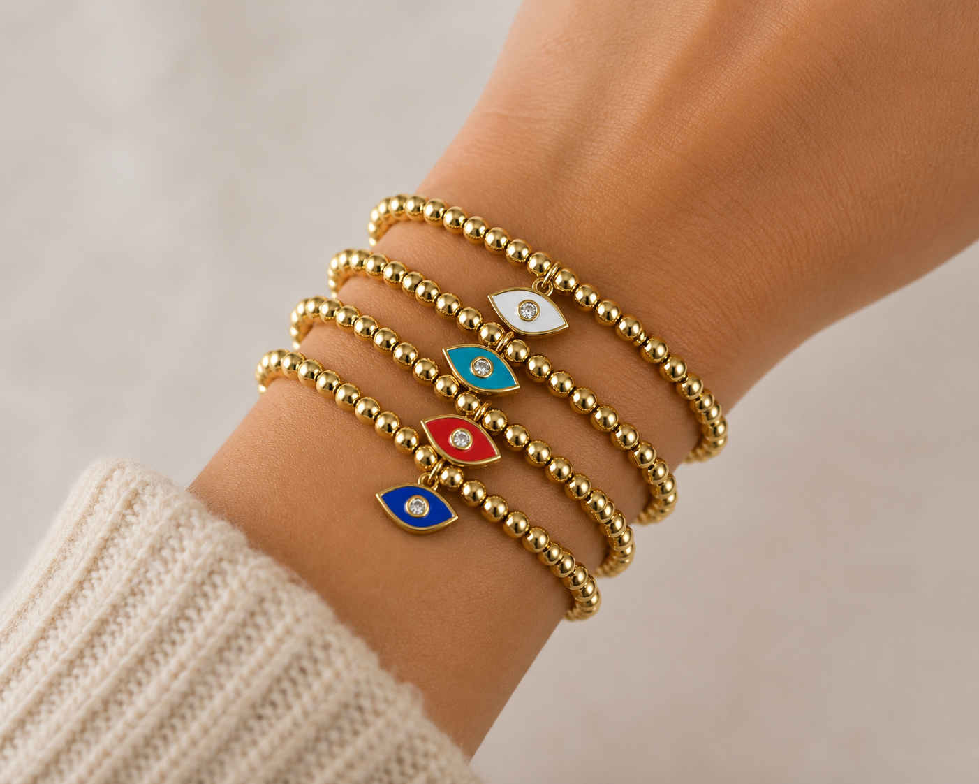 Evil Eye Beaded Stretch Bracelets Set- Gold