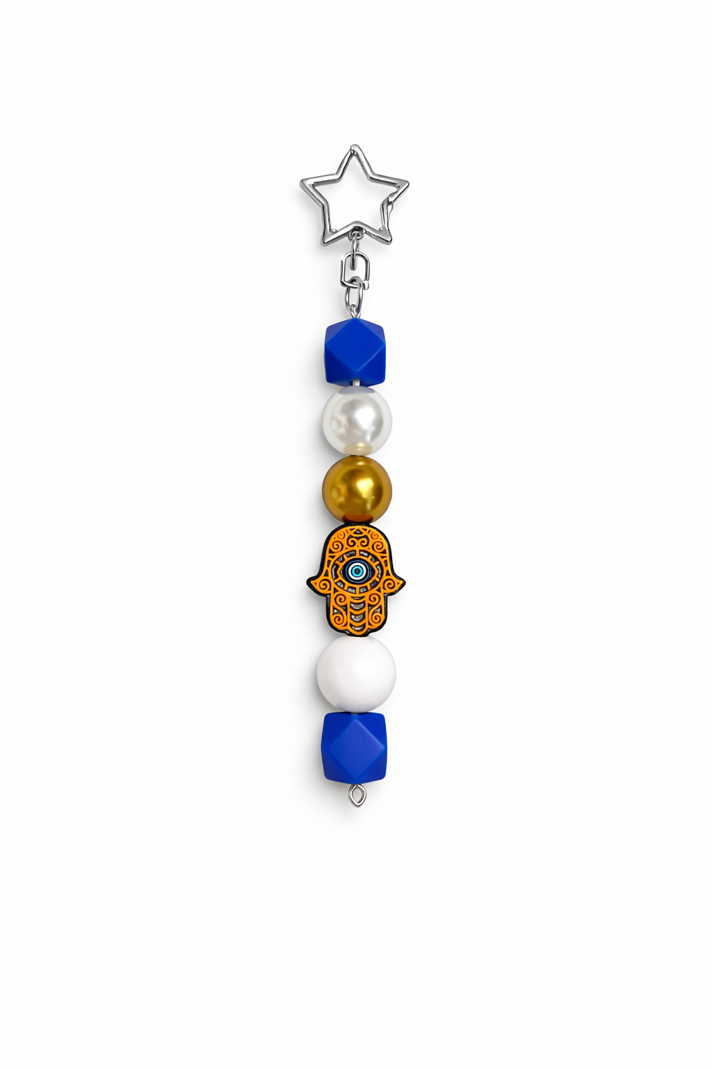 Jules by the Sea Evil Eye keychain with blue and white beads, featuring a protective evil eye charm, attached to a metal keyring.