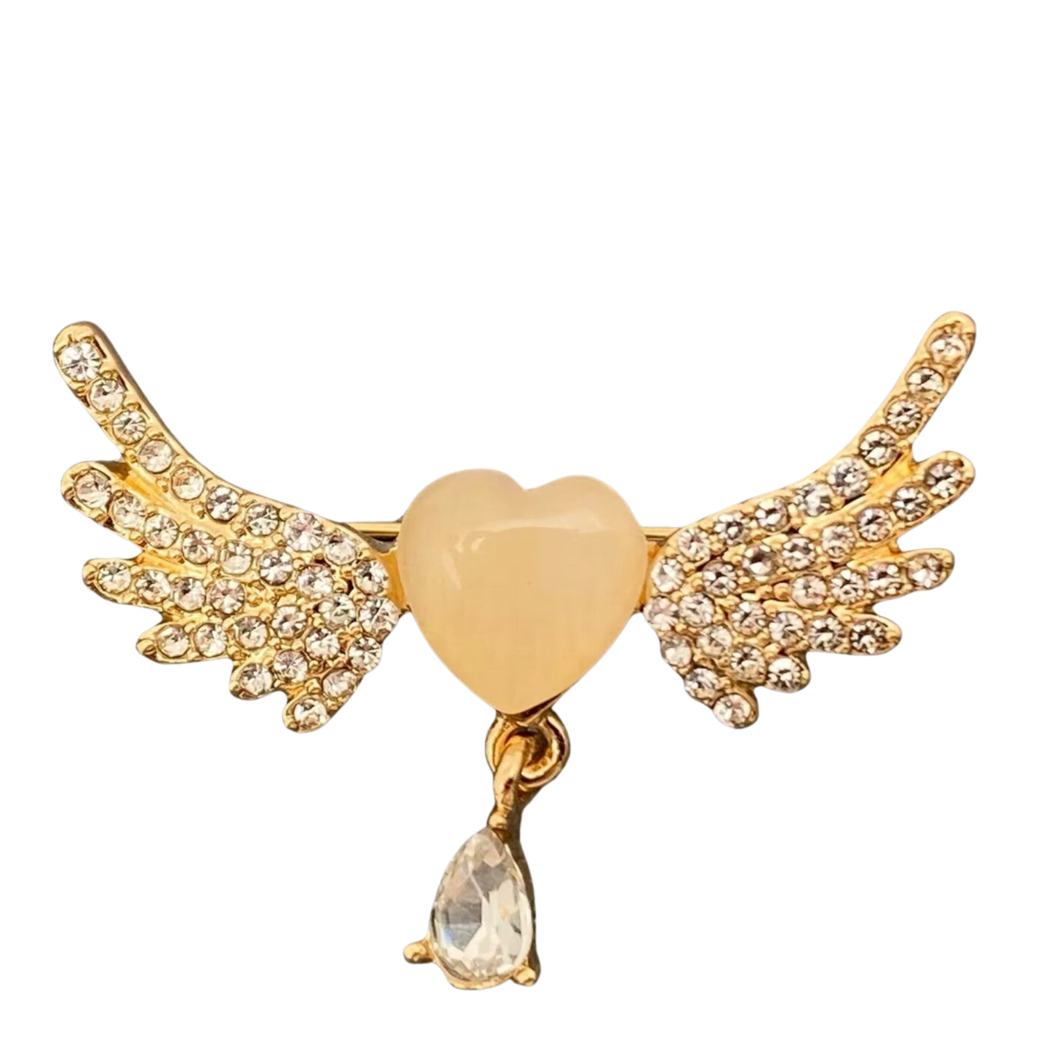 Silver rhinestone angel wings heart-shaped brooch with sparkling details, designed by Private Label.