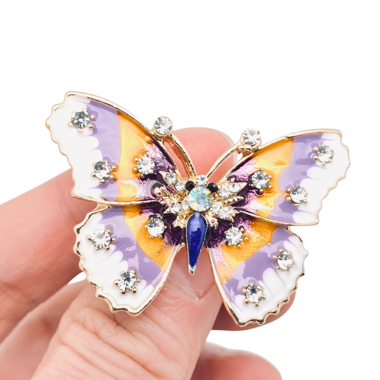 Private label rhinestone enamel butterfly brooch pin for clothes, featuring sparkling stones and colorful butterfly design.