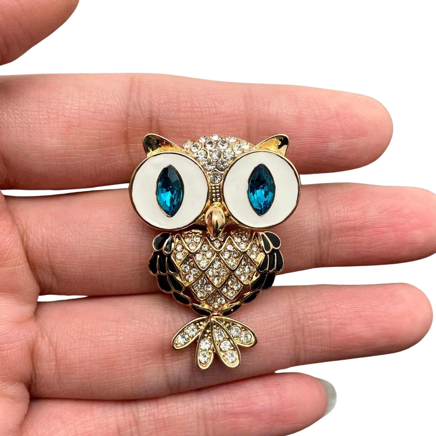 Sparkling rhinestone owl brooch with intricate details, featuring a shiny, decorative jewelry piece from Private Label.