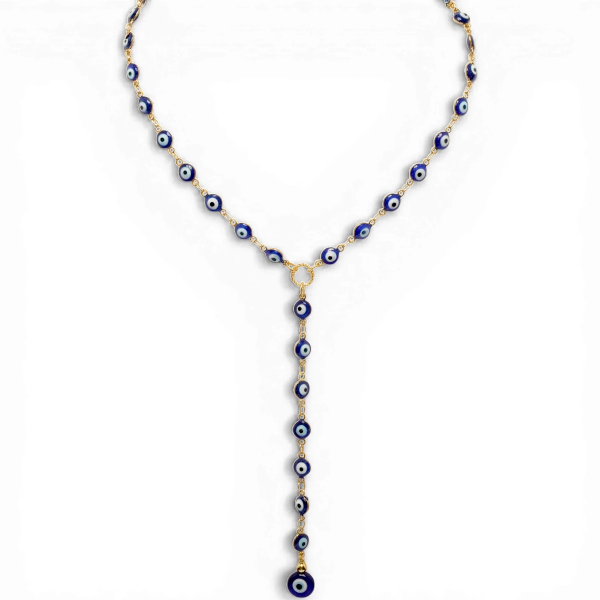 Love Lisa Lucia Evil Eye Y Necklace with silver chain and pendant featuring an evil eye design on a white background.