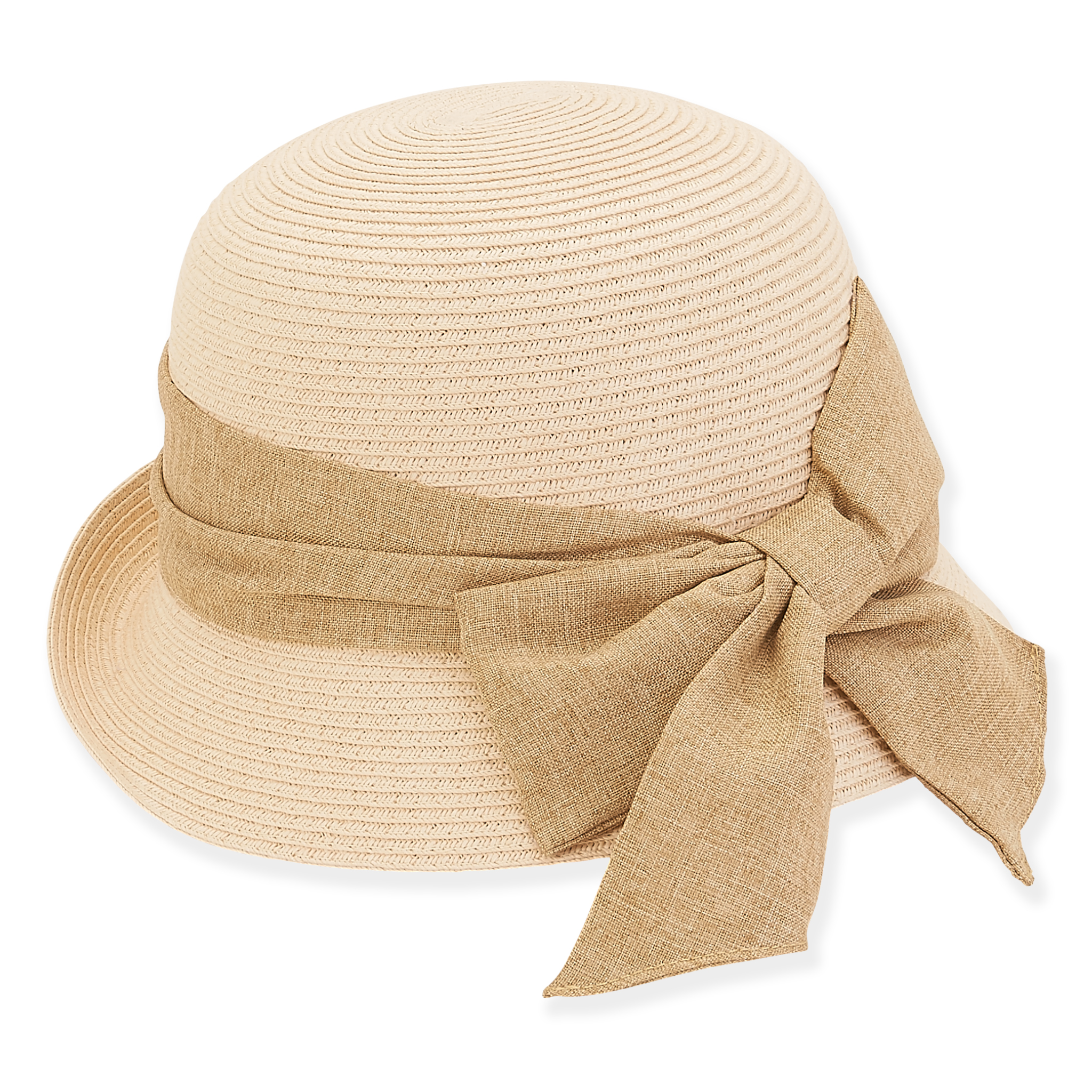 Sun N Sand linen bow paper braid bucket hat with a 2.25-inch brim, stylish and lightweight for sun protection.