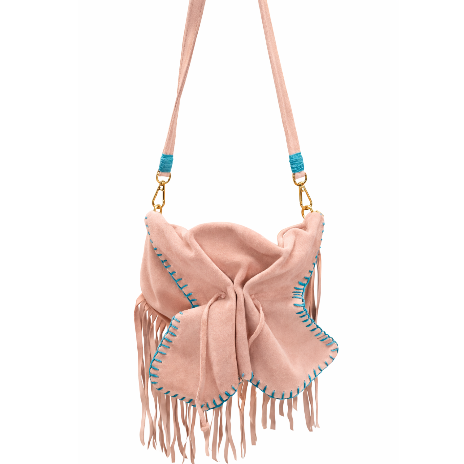 Carlos Falchi suede fringe butterfly bag showing detailed suede material and decorative fringes on a stylish handbag.