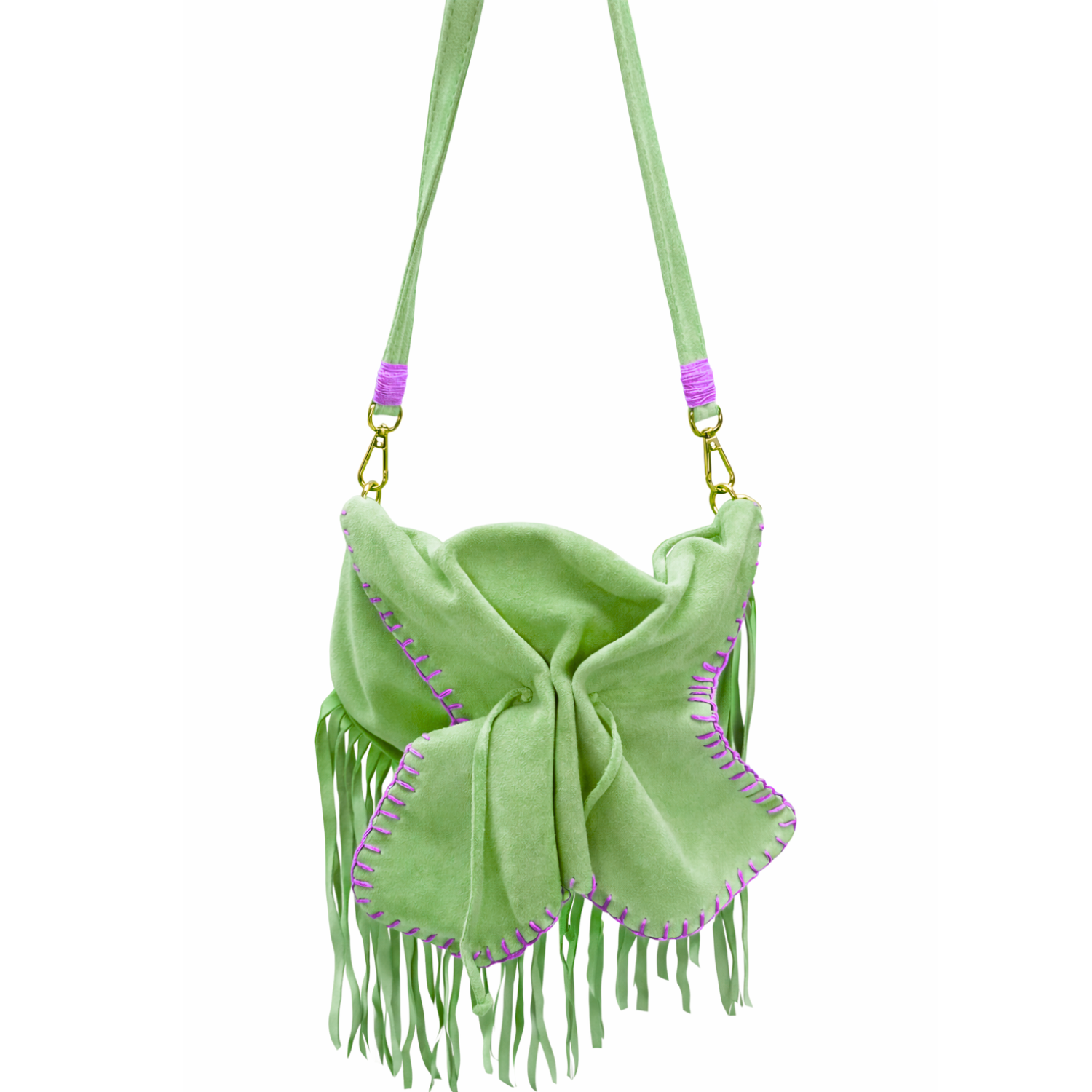 Carlos Falchi suede fringe butterfly bag with colorful embroidery, showcasing a bohemian style and intricate fringe details.