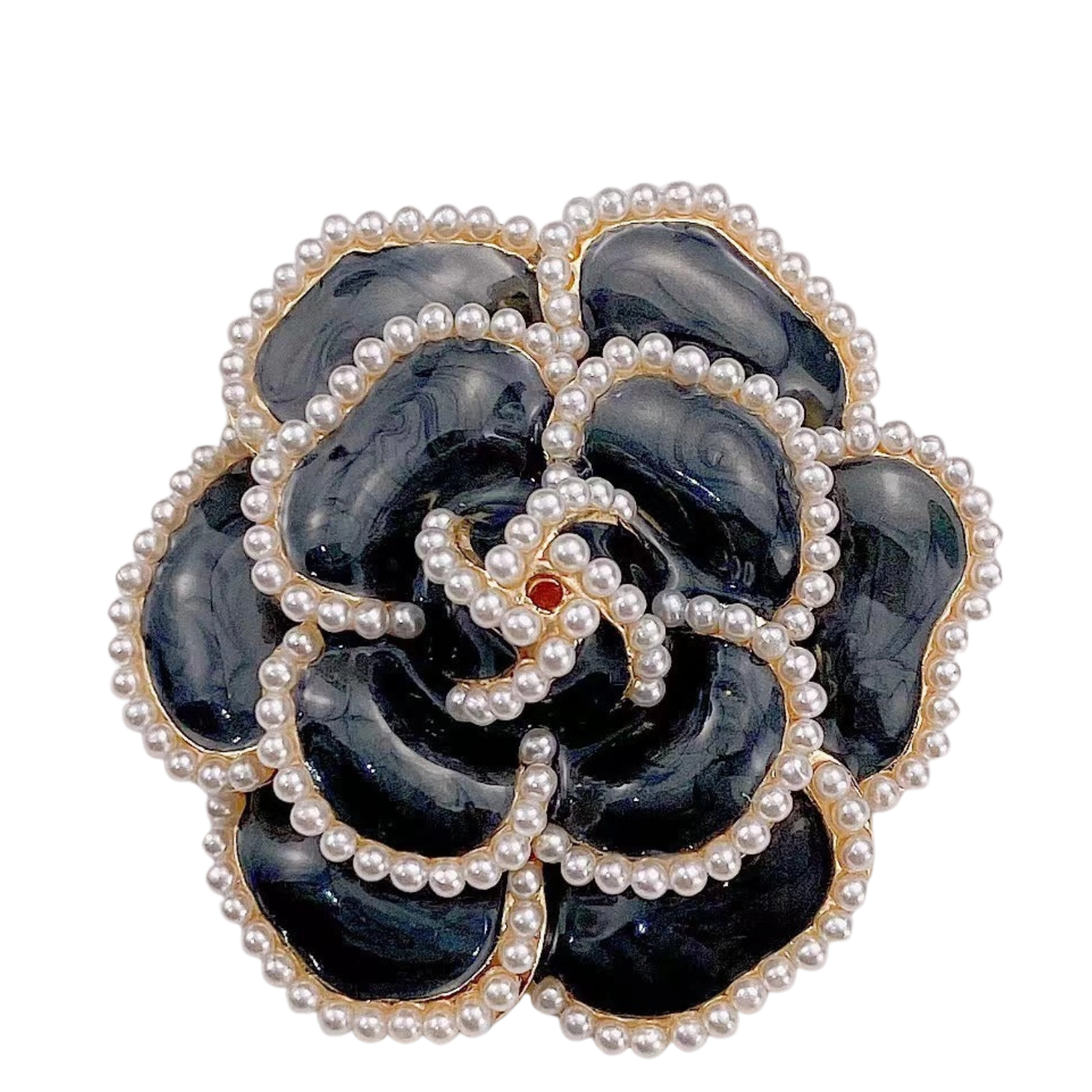 Private label Camellia Pearl Enamel Brooch, elegant cloth pin with floral design featuring pearls and vibrant enamel accents.