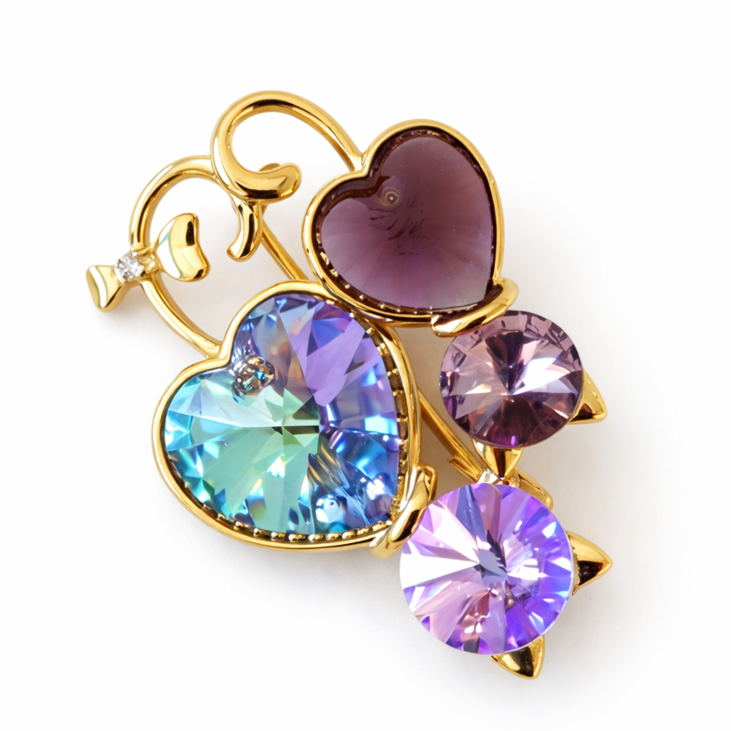 Private label Amour Crystal Heart Brooch with purple heart-shaped gemstone and silver-tone pin backing.
