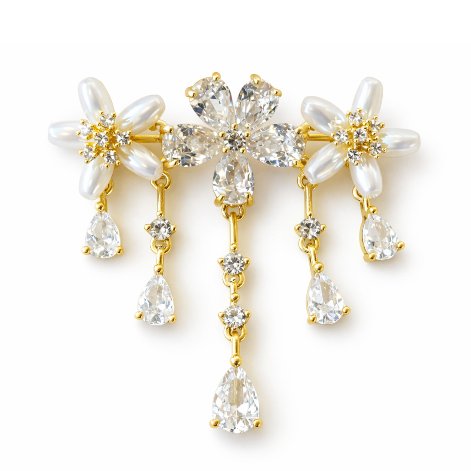 Elegant crystal blossom drop brooch featuring sparkling crystals and delicate floral design, ideal for accessorizing clothing.