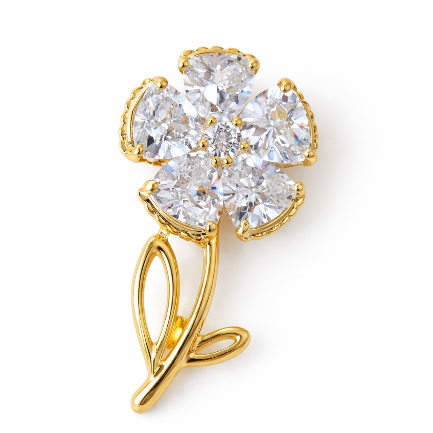 Private label Lumière Bloom brooch featuring a delicate floral design with colorful petals and a shiny gold finish.