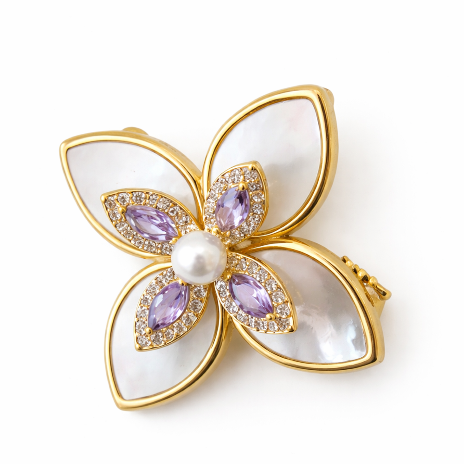 Private label Amour Petal brooch featuring a delicate floral design with pink petals and gold-tone accents.
