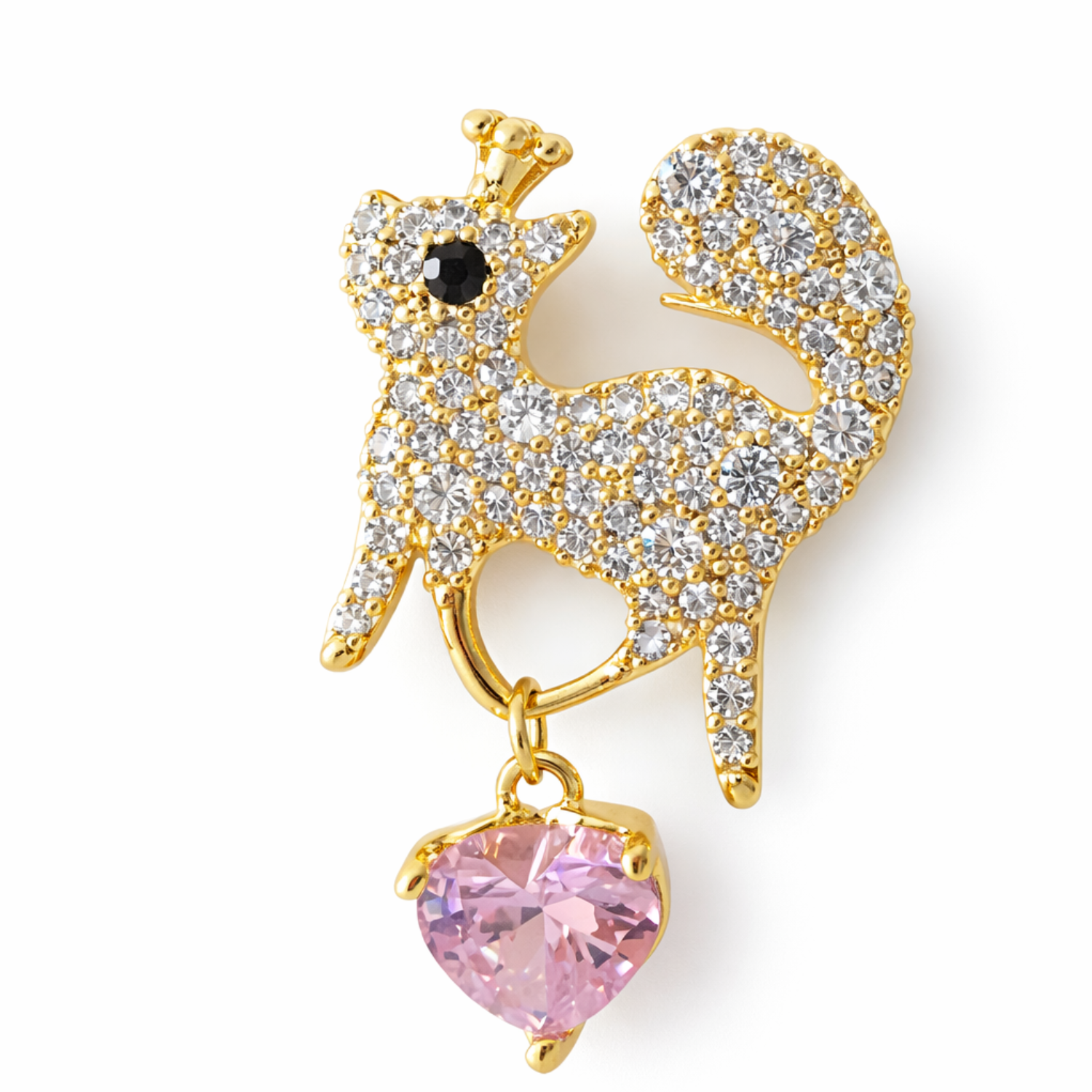 Sparkling crystal heart squirrel brooch with detailed squirrel design, featuring a shiny crystal heart centerpiece.