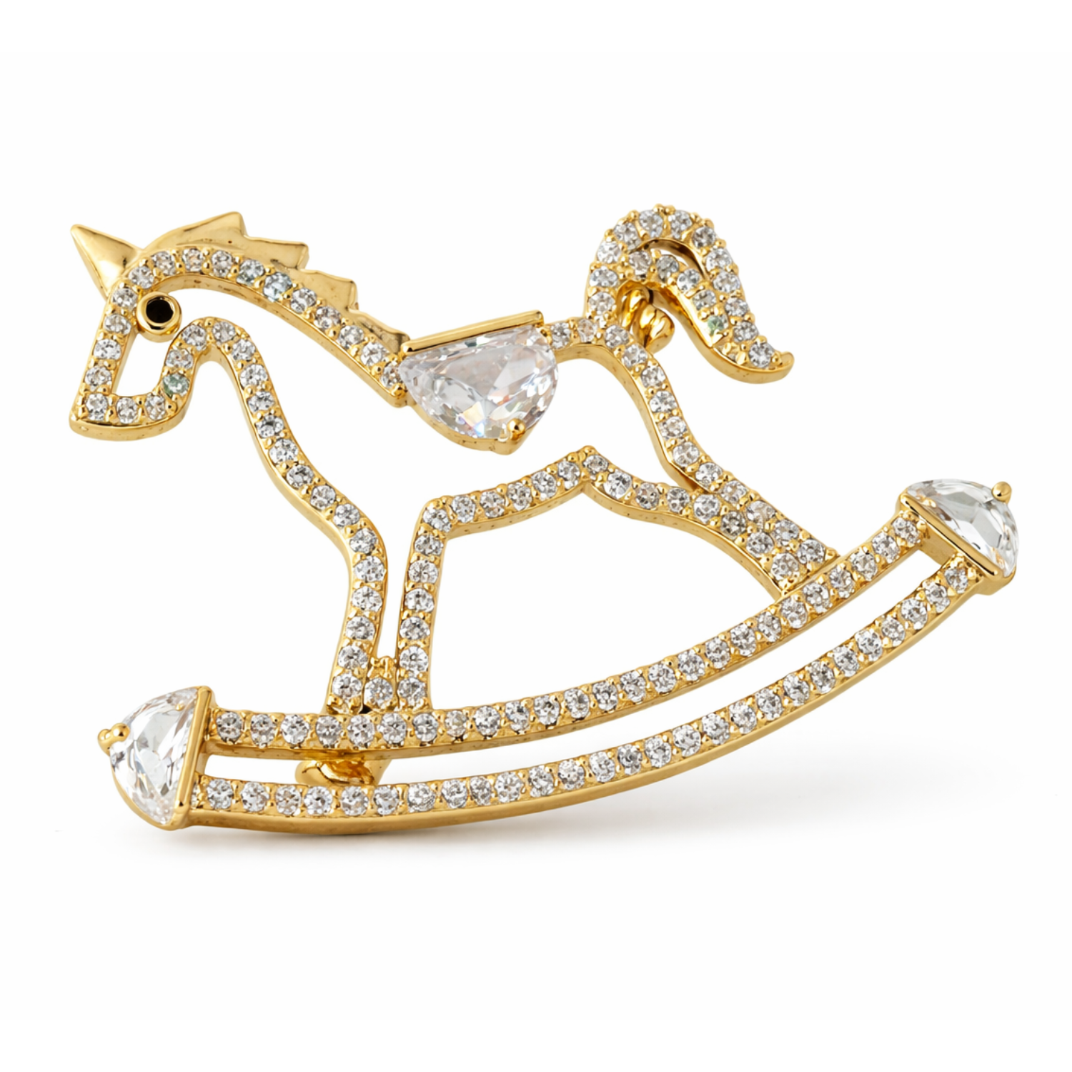 Silver crystal rocking horse brooch with detailed design, crafted by Private Label, suitable for decorative or fashion use.