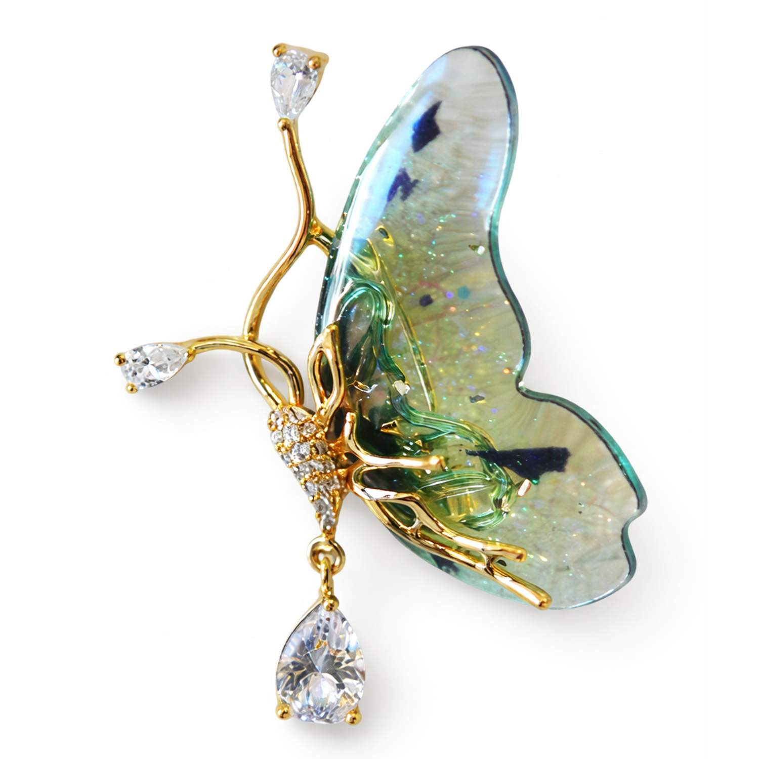 Silver Enchanted Wing brooch with intricate feather details from Private Label, worn as a decorative jewelry accessory.