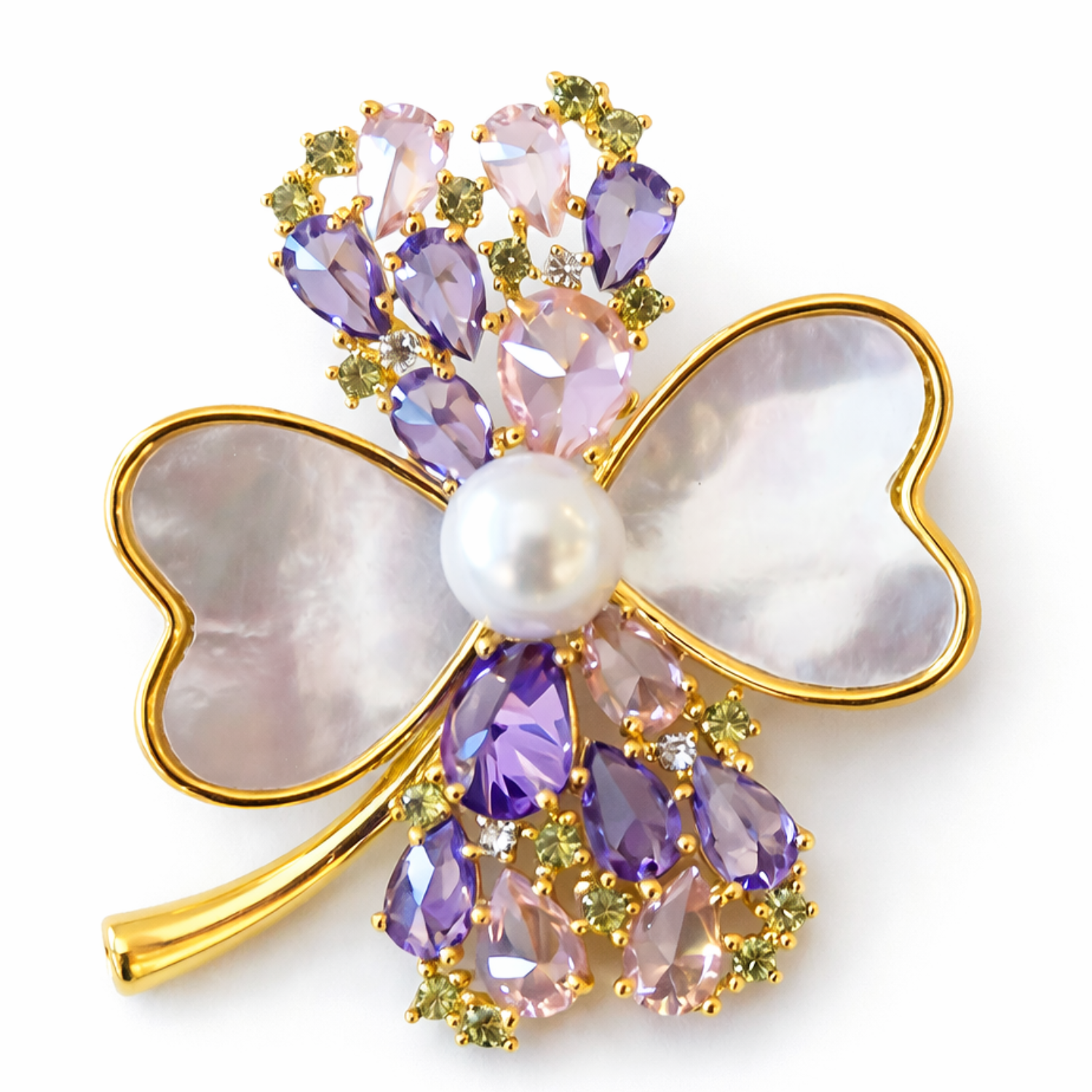 Private label Lucky Bloom Clover brooch featuring a detailed green clover design on a shiny metal pin.