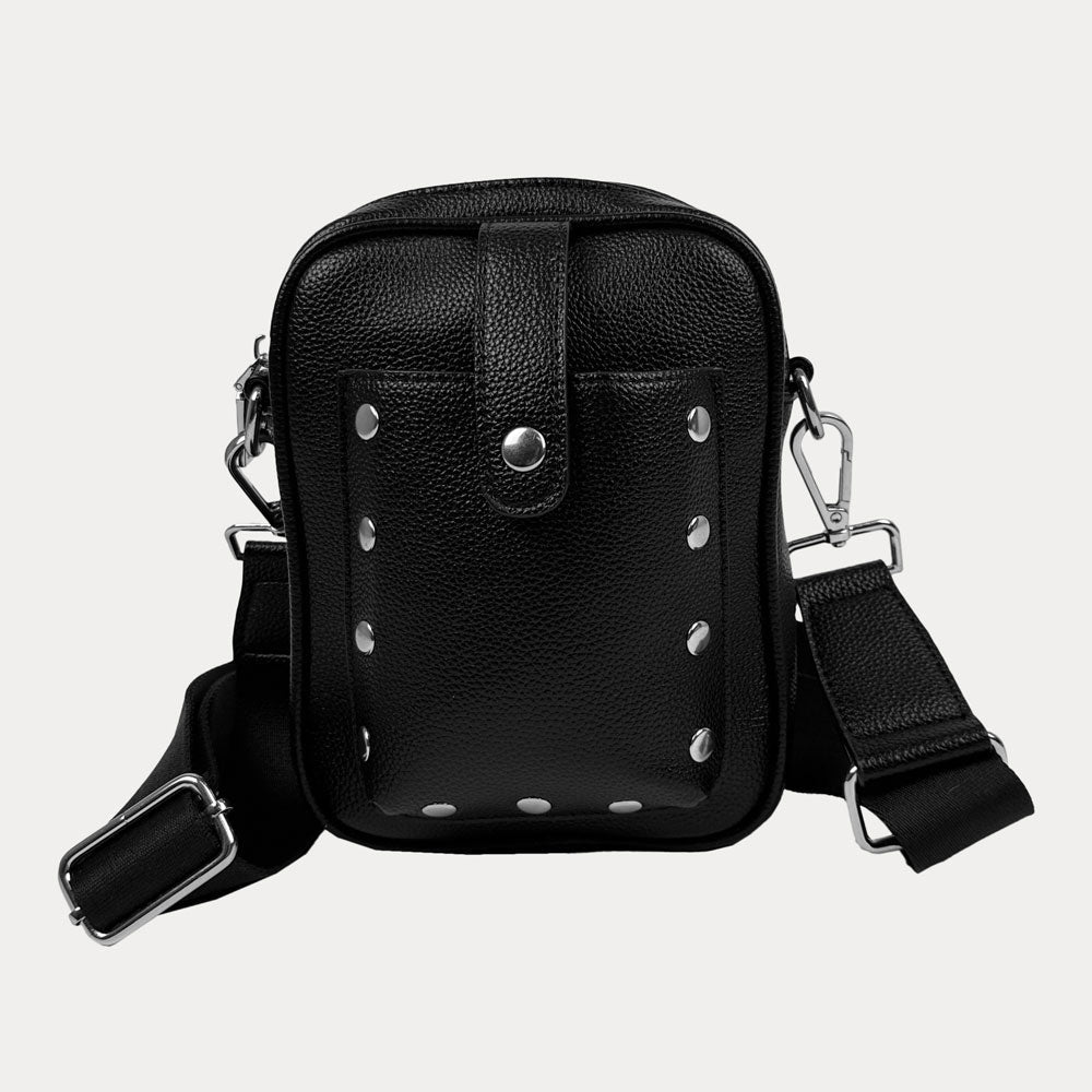 Black AHDORNED Maya studded vegan pebble leather crossbody bag with silver hardware and adjustable strap.