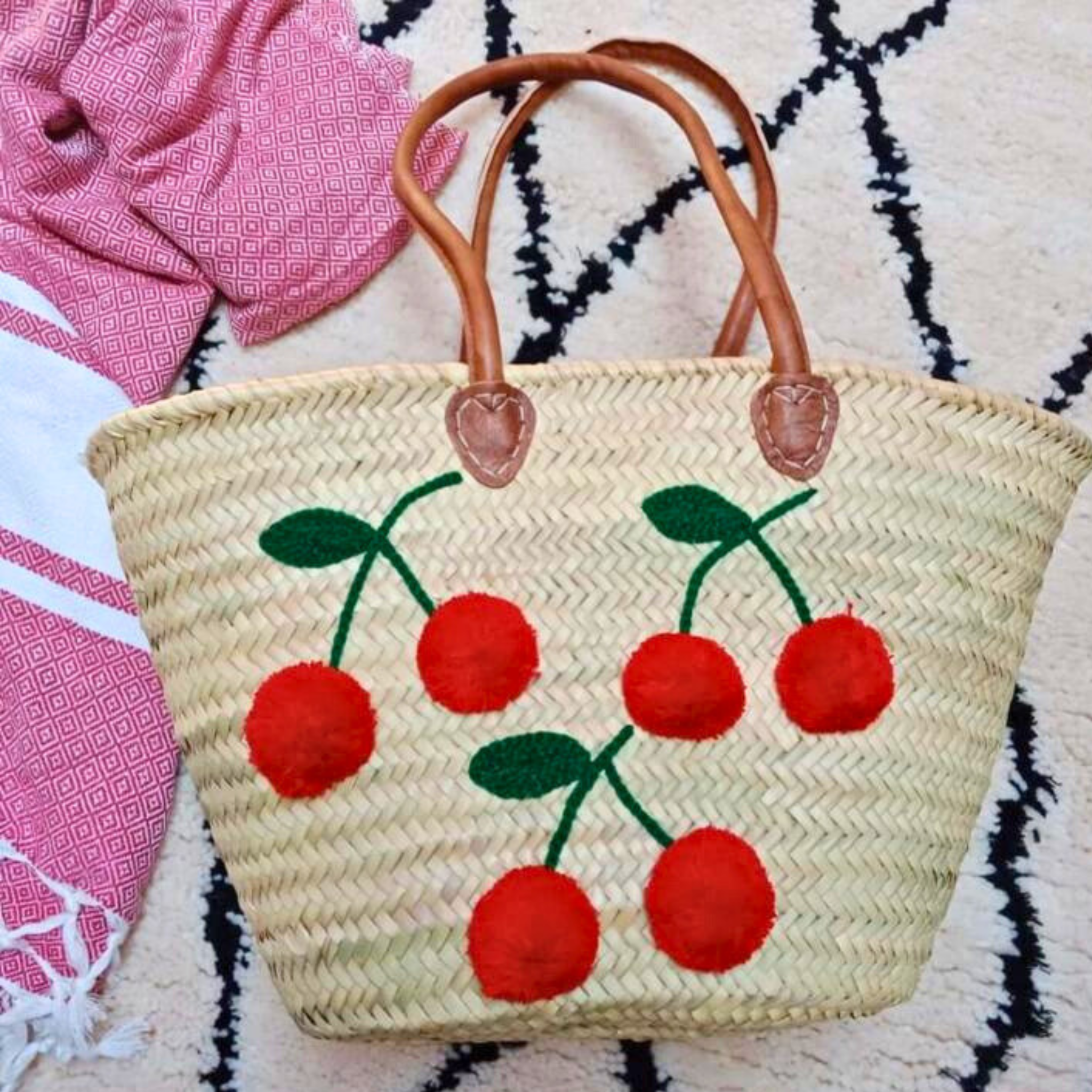 Cherry Market Basket Straw Bag