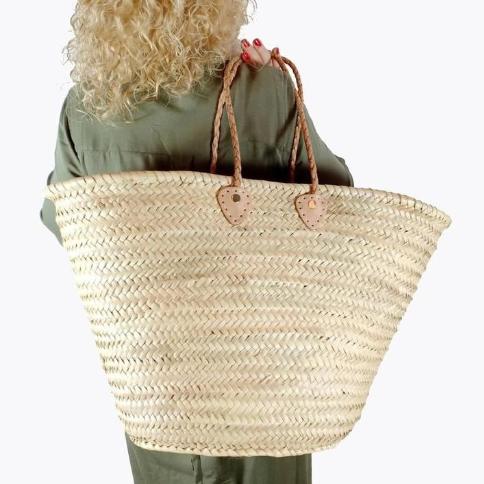 French Straw Basket with Double Flat Leather Handles
