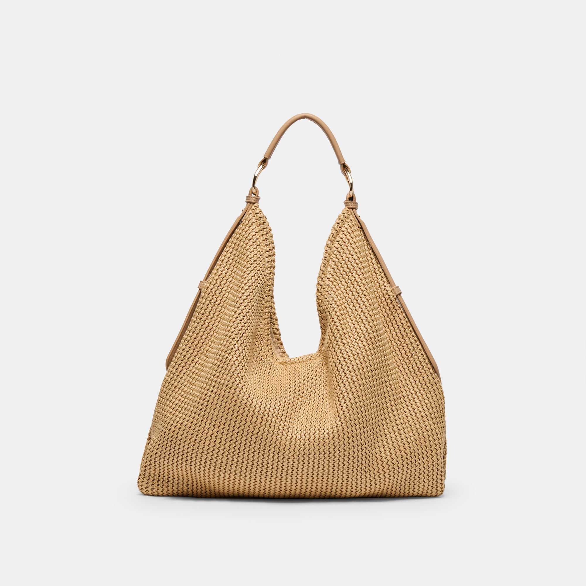 Dolce Vita Miriel Tote bag made of natural raffia with woven texture and sturdy handles, perfect for casual and summer outings.