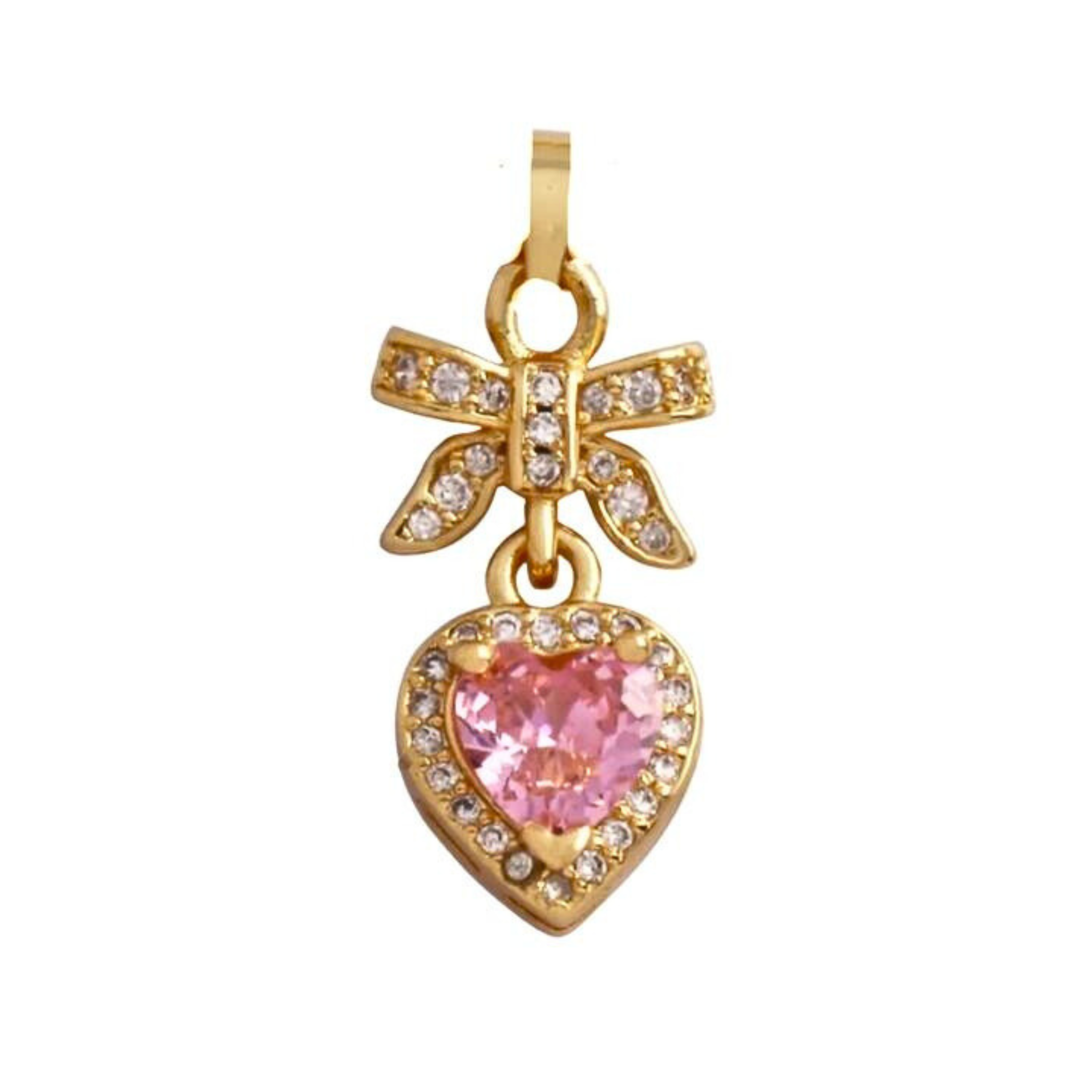 Pave Bow & Pink Heart Charm For Charm Bar & Charm Necklace