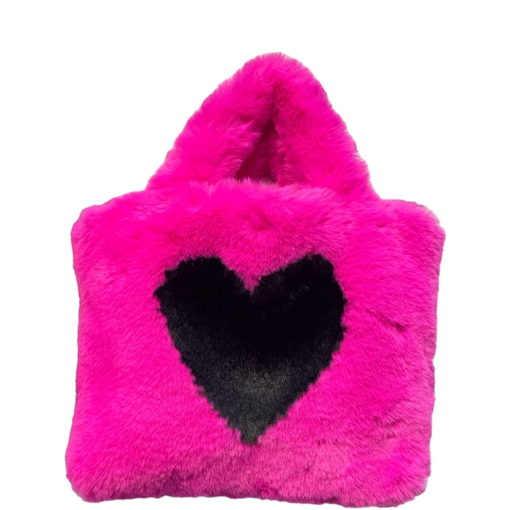 Faux Fur Heart Tote with Chain Crossbody Strap