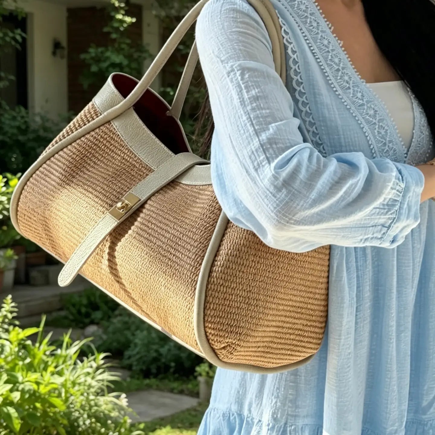 Raffia tote bag with genuine leather trim, featuring natural woven texture and stylish handles for casual or beach use.