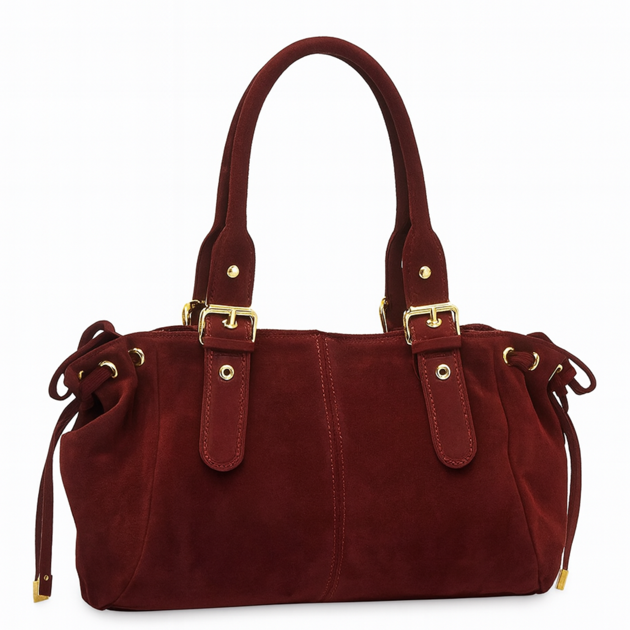Red handbag with gold accents on a white background