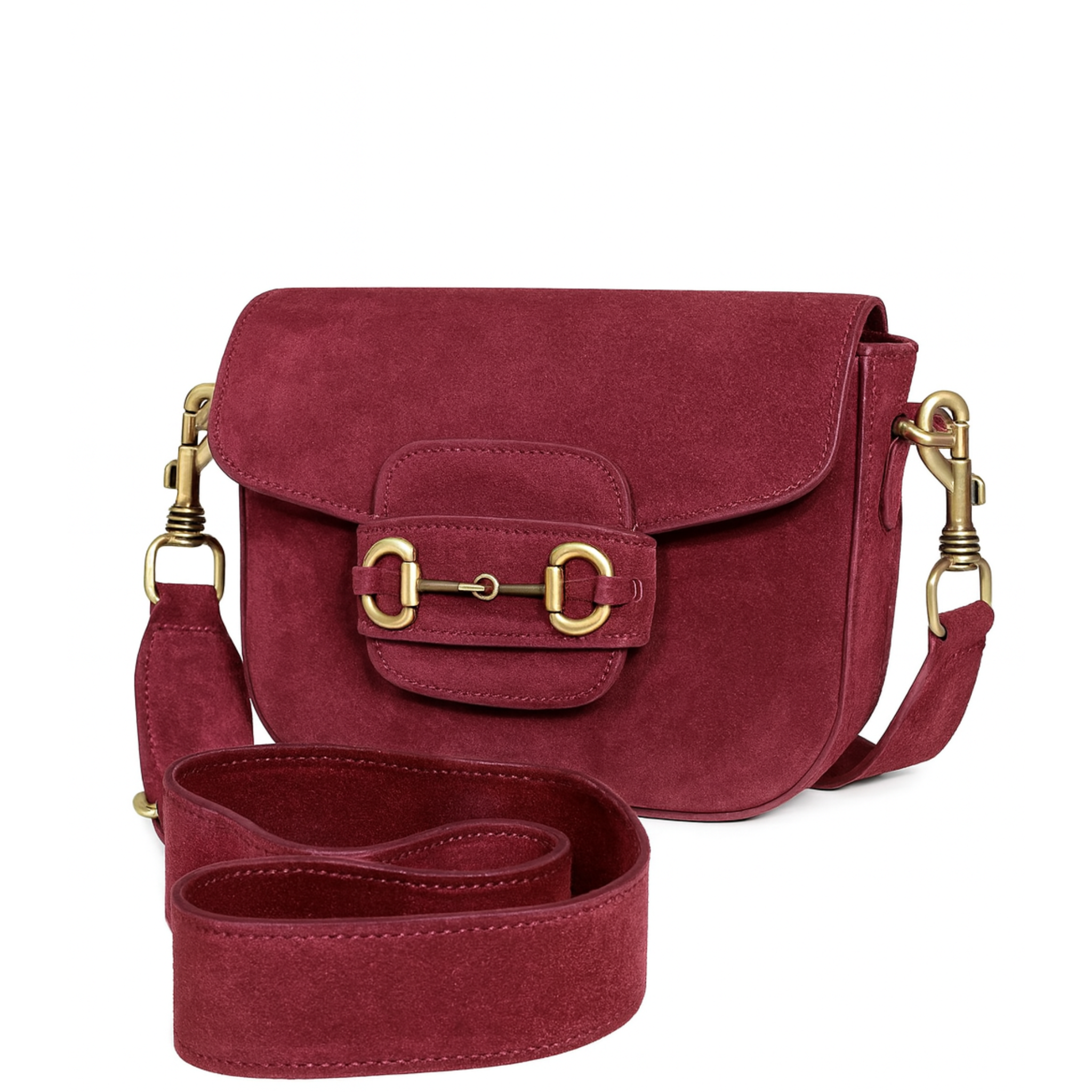 Red suede handbag with gold hardware on a white background