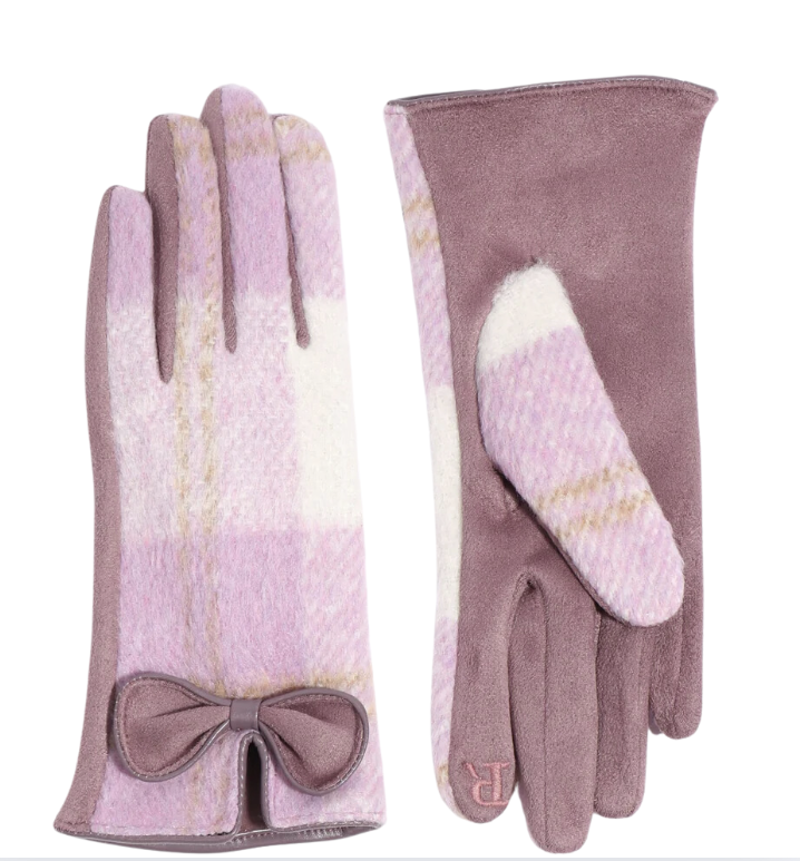 Purple Check Pattern Glove with Bow Embellishment and Lining