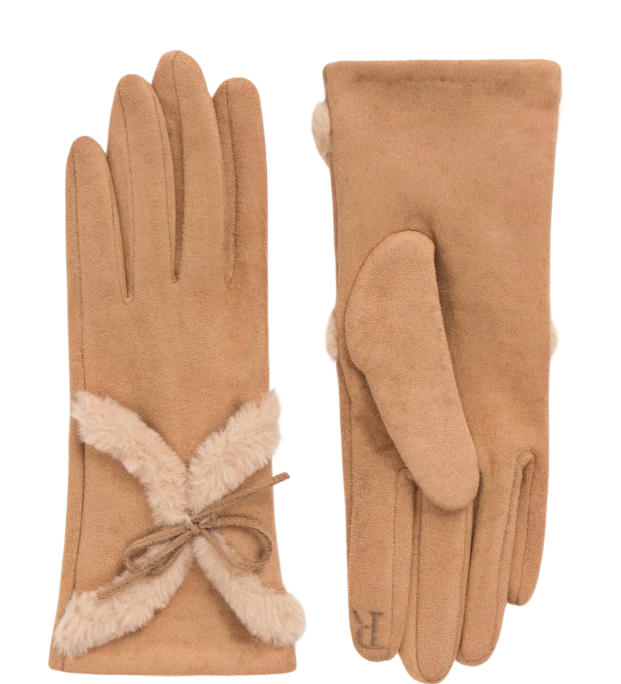 Camel Faux Suede Gloves with Faux Sheepskin Bow Decoration