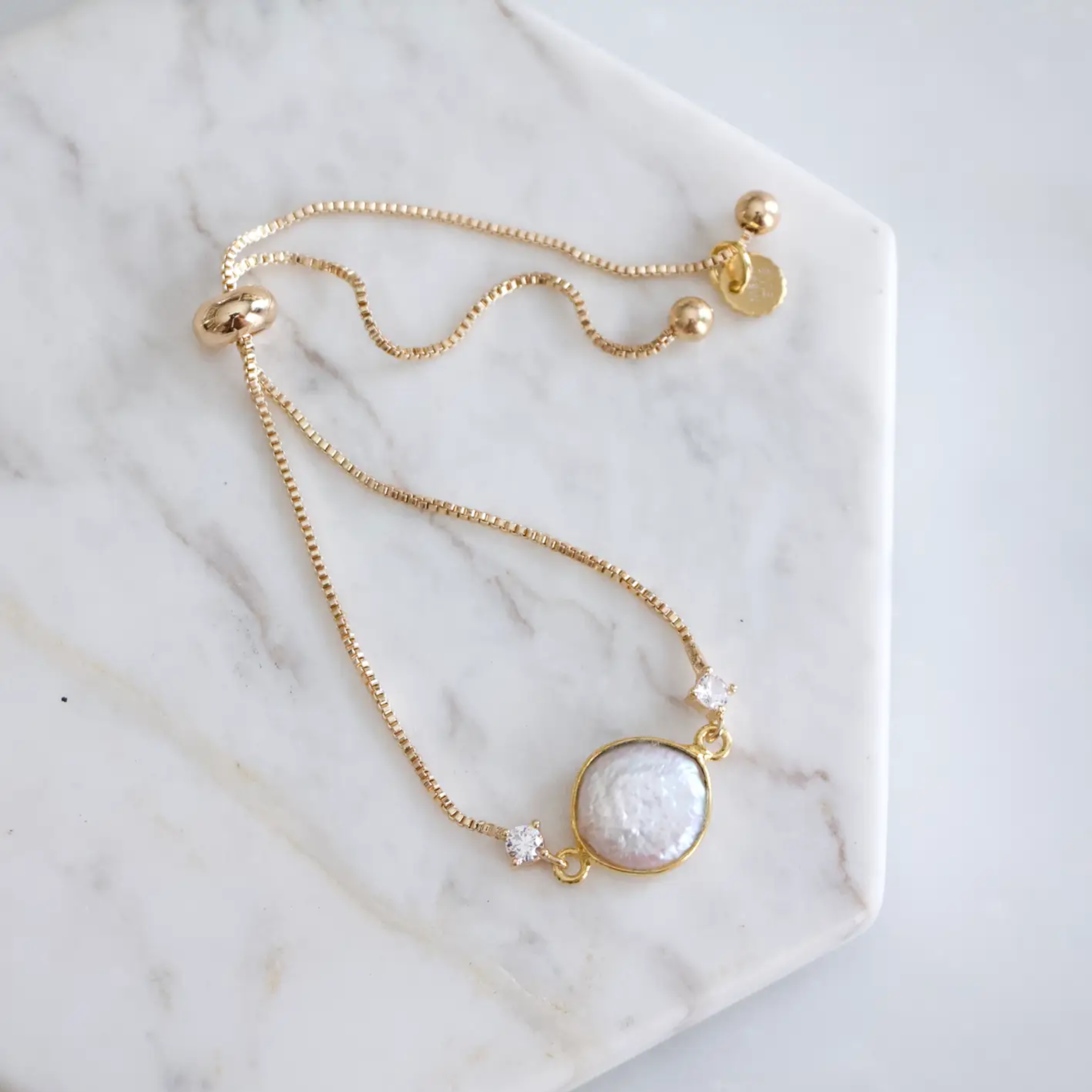 Pearl Coin Cz Adjustable Bracelet