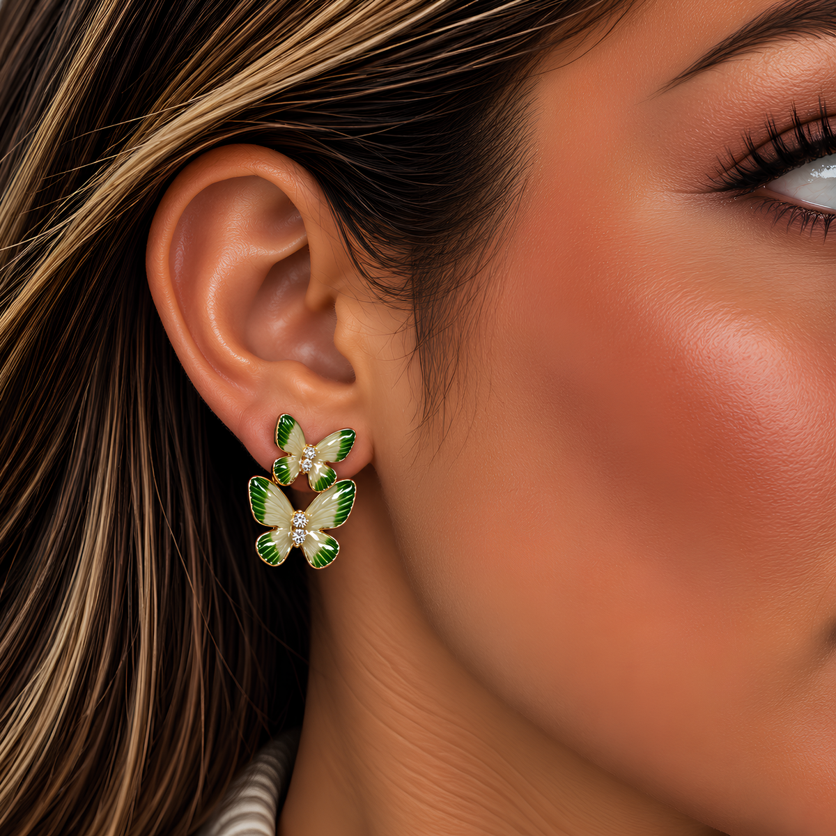 Colorful Butterfly Enamel Earrings – Gold Trim Double Butterfly Studs