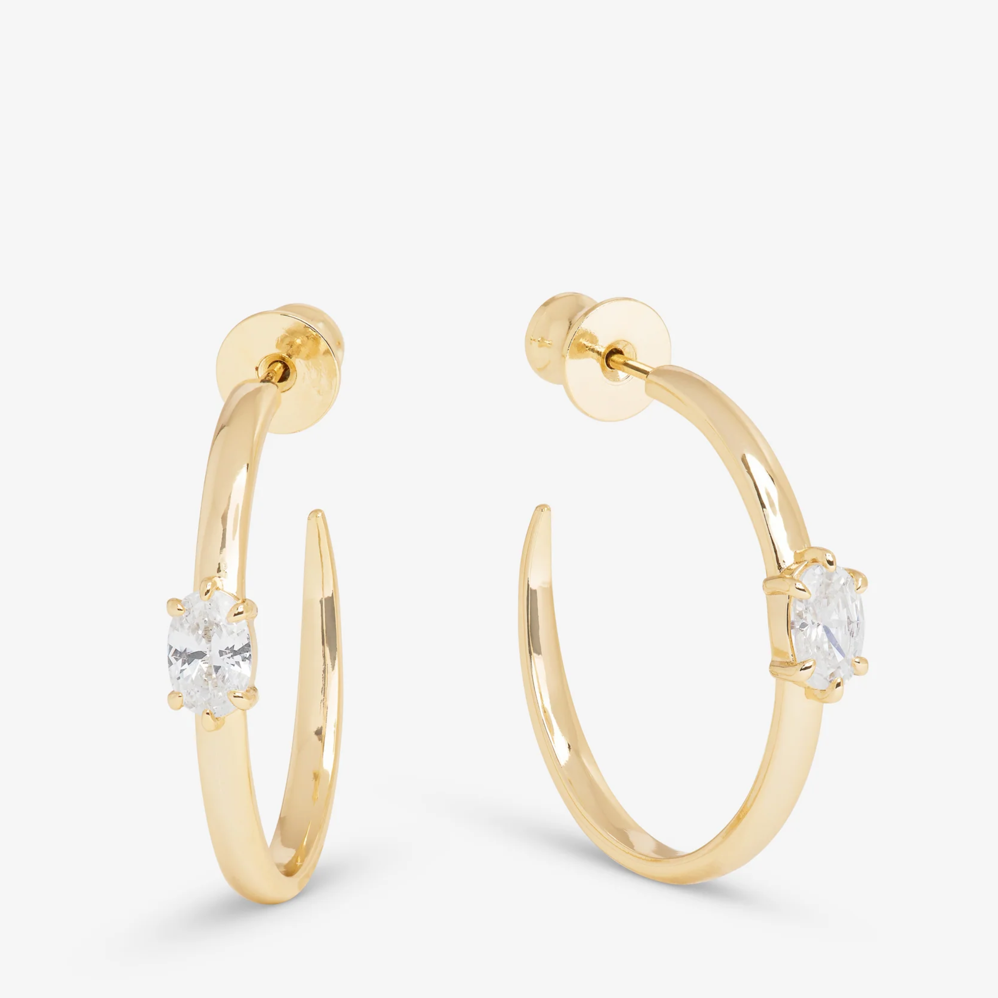 Silver 1-inch hoop earrings with white diamondette accents by Melinda Maria, showcasing elegant, minimalist jewelry design.